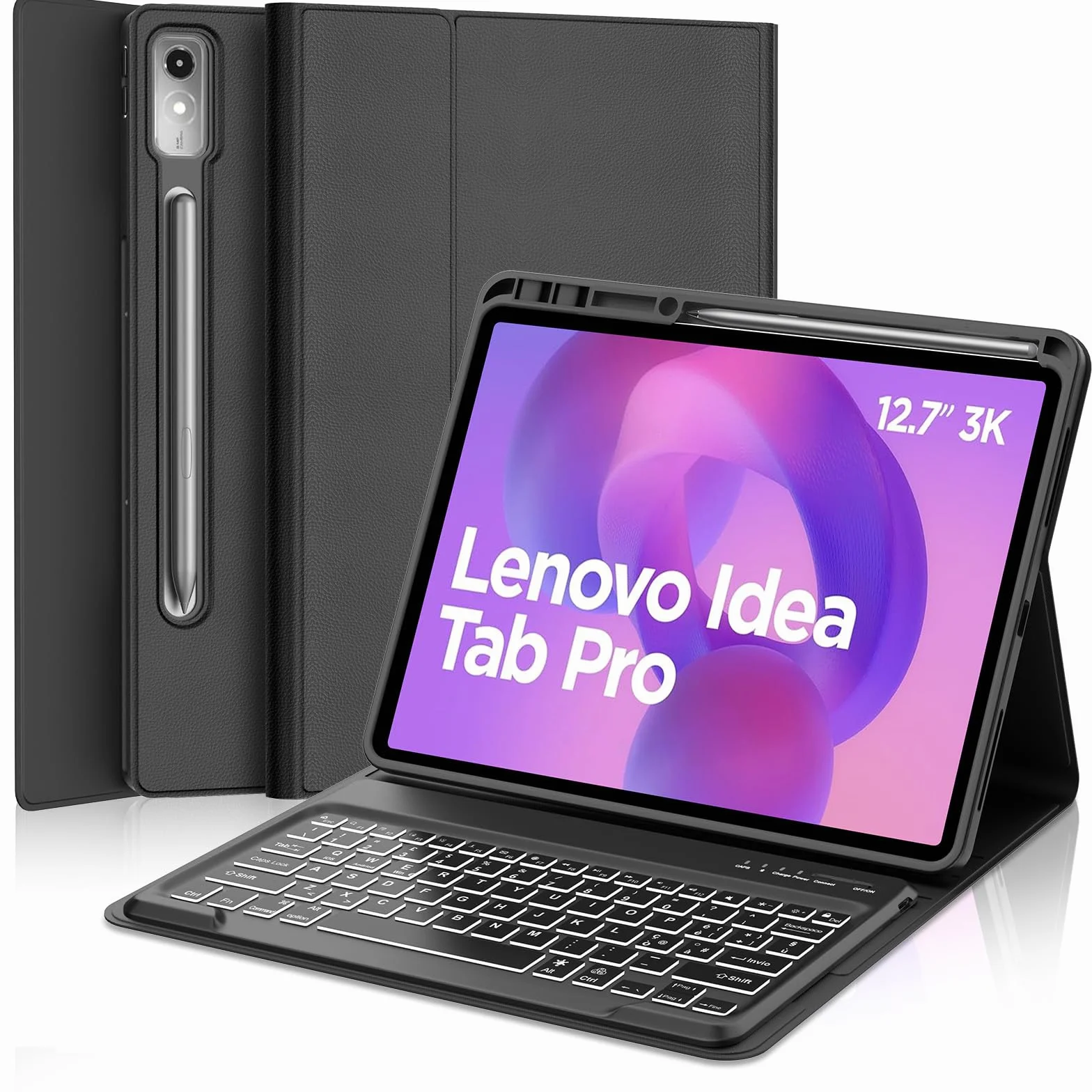 IVEOPPE Cover Tastiera Lenovo Idea Tab Pro 12.7 Pollici 2025, Custodia Tastiera Italiano 7 Colori Retroilluminata Bluetooth Staccabile per Lenovo Xiaoxin Pad Pro 12,7 2025, Nero