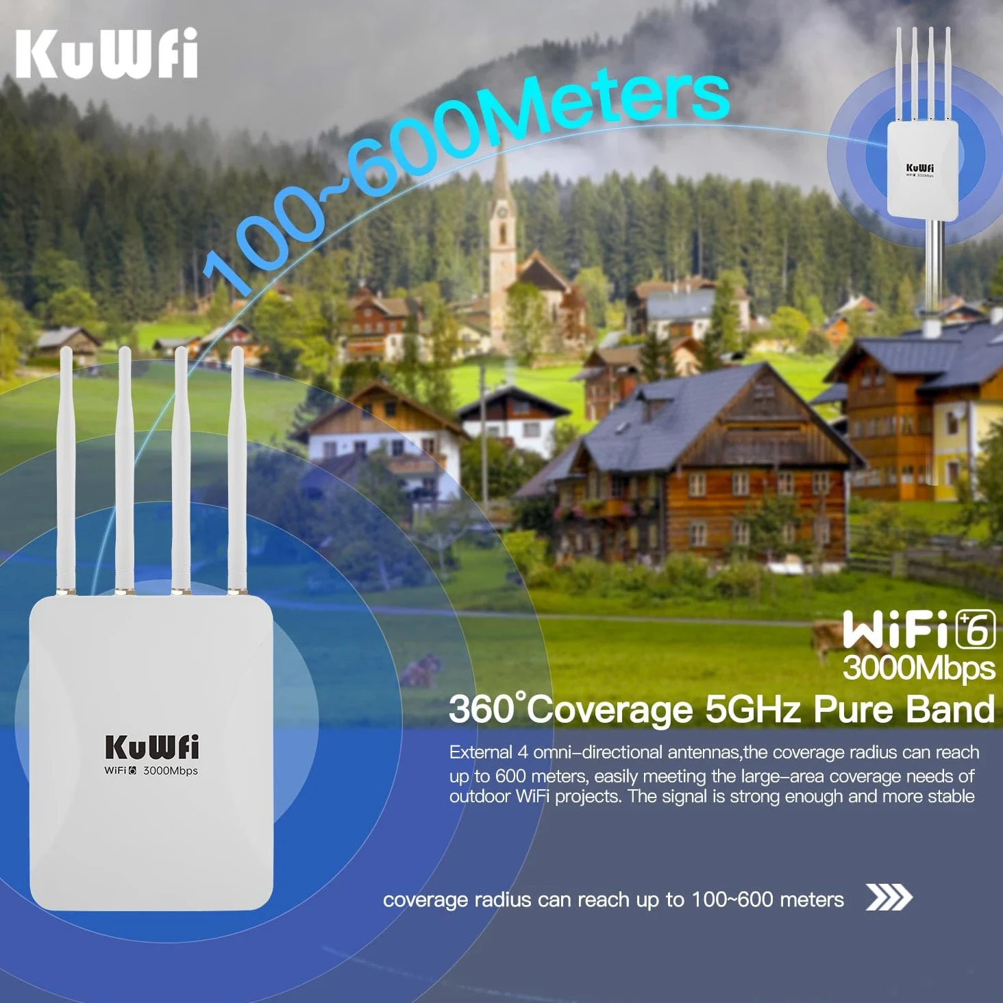 KuWFi Outdoor WiFi 6 Repeater & Extender, Punto di accesso WiFi 6 AX3000 Mbps 2,4 GHz e 5 GHz Point Bridge with 4 High Gain Antennas, Gigabit Port, Poe Powered, Supporto MU-MIMO, Seamless Roaming