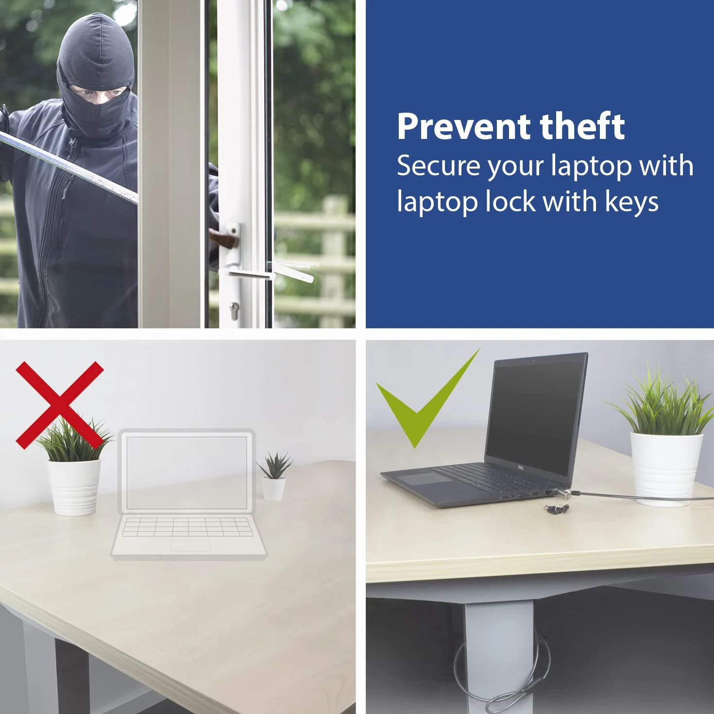 ACT AC9040 - Cavo di sicurezza per laptop, 2 m, con chiave, slot Wedge Slot per notebook, testa di blocco girevole, serratura per computer portatile, cavo antifurto