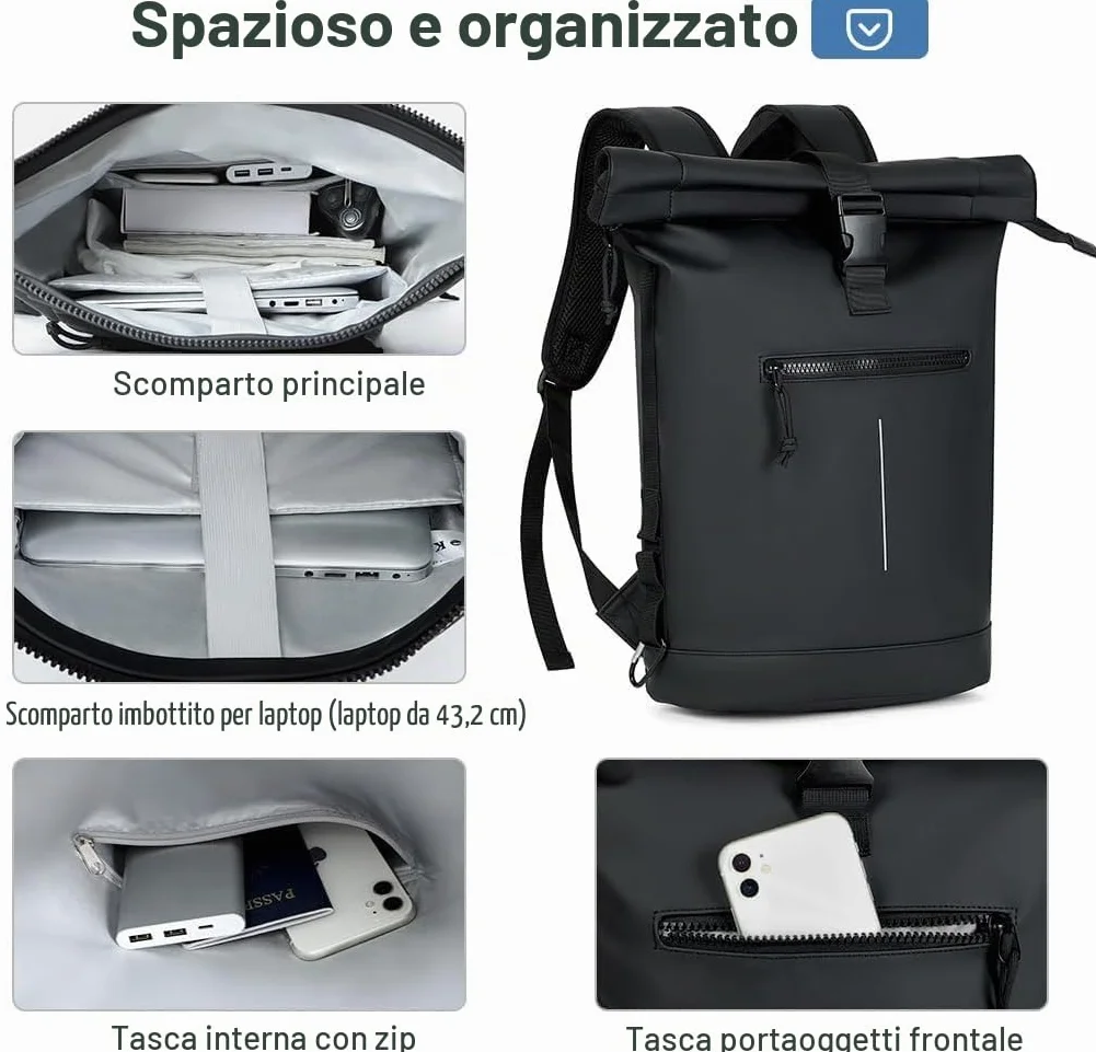 Lekeinchi Zaino Rolltop Uomo Donna Porta PC 17 Pollici | Zaino Impermeabile Uomo Donna - Grande Zaino con Strisce Riflettenti, Zaini da Viaggio Espandibile - Scuola Lavoro Università Ciclismo - Nero