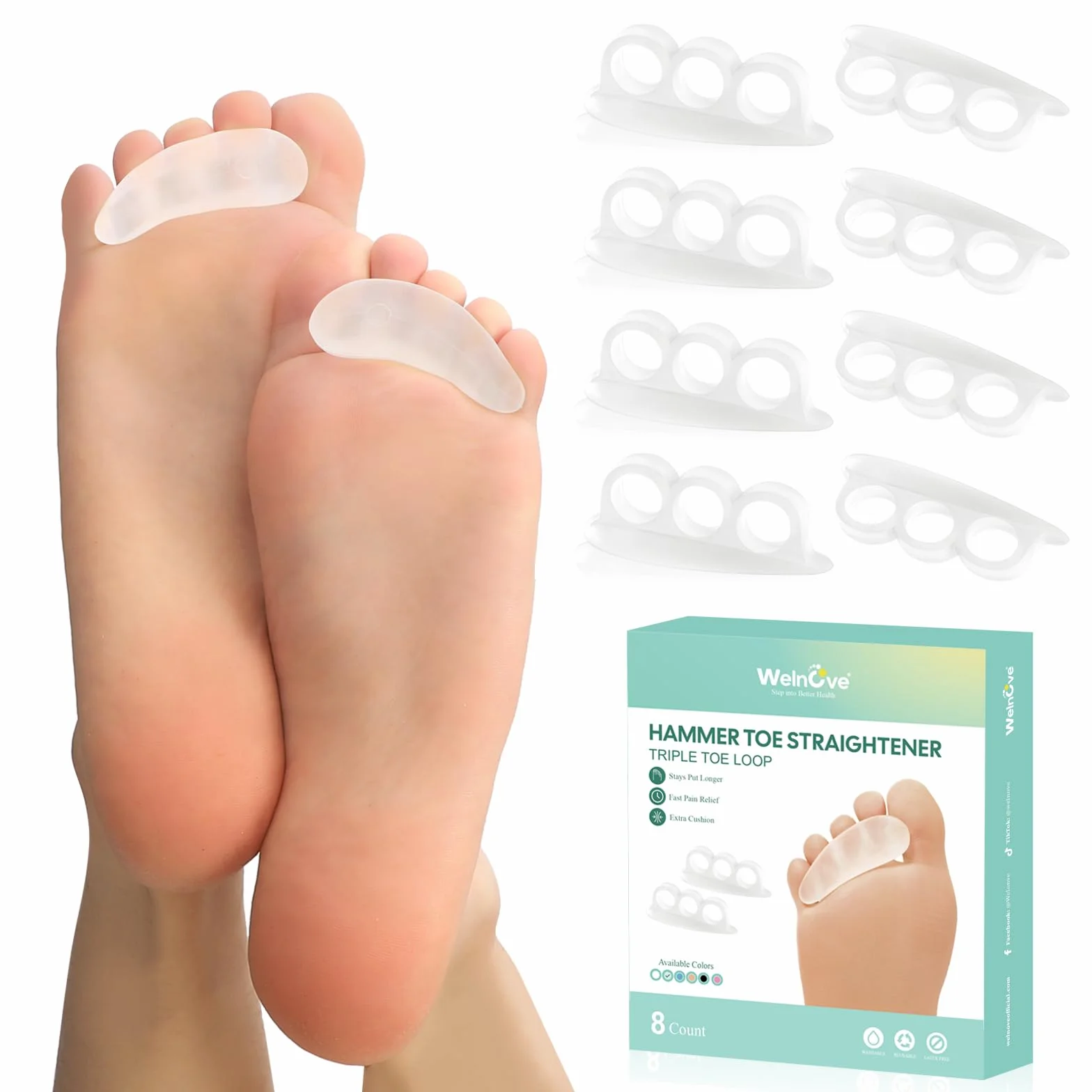 Welnove Correttore Dita a Martello per Donne - 8 Cuscinetti in Gel, Design 3 Anelli, Supporto Morbido Trasparente