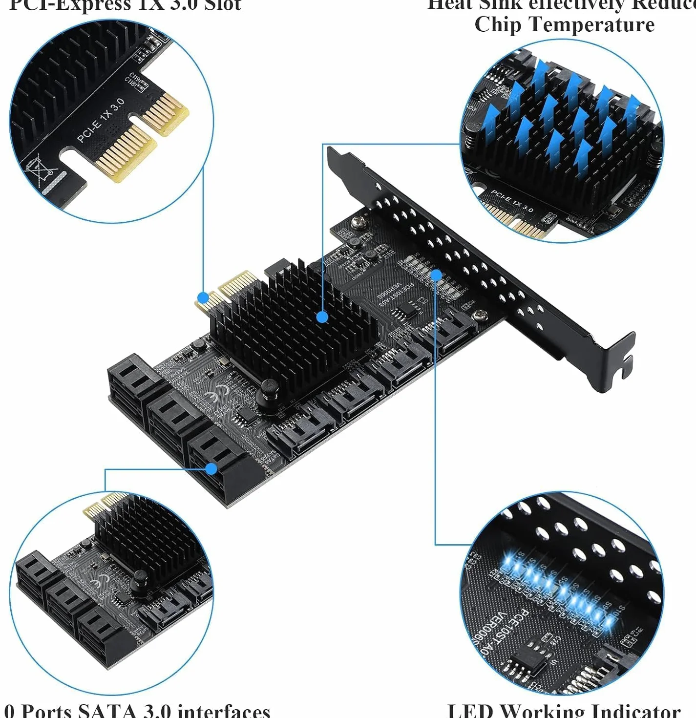 Scheda PCIE 1X SATA a 10 porte,Scheda di espansione PCIe con controller SATA 3.0 da 6 Gbps,Non Raid,Supporto 10 dispositivi 3.0,con supporto a basso profilo e 10 cavi (Chip: ASM1166)