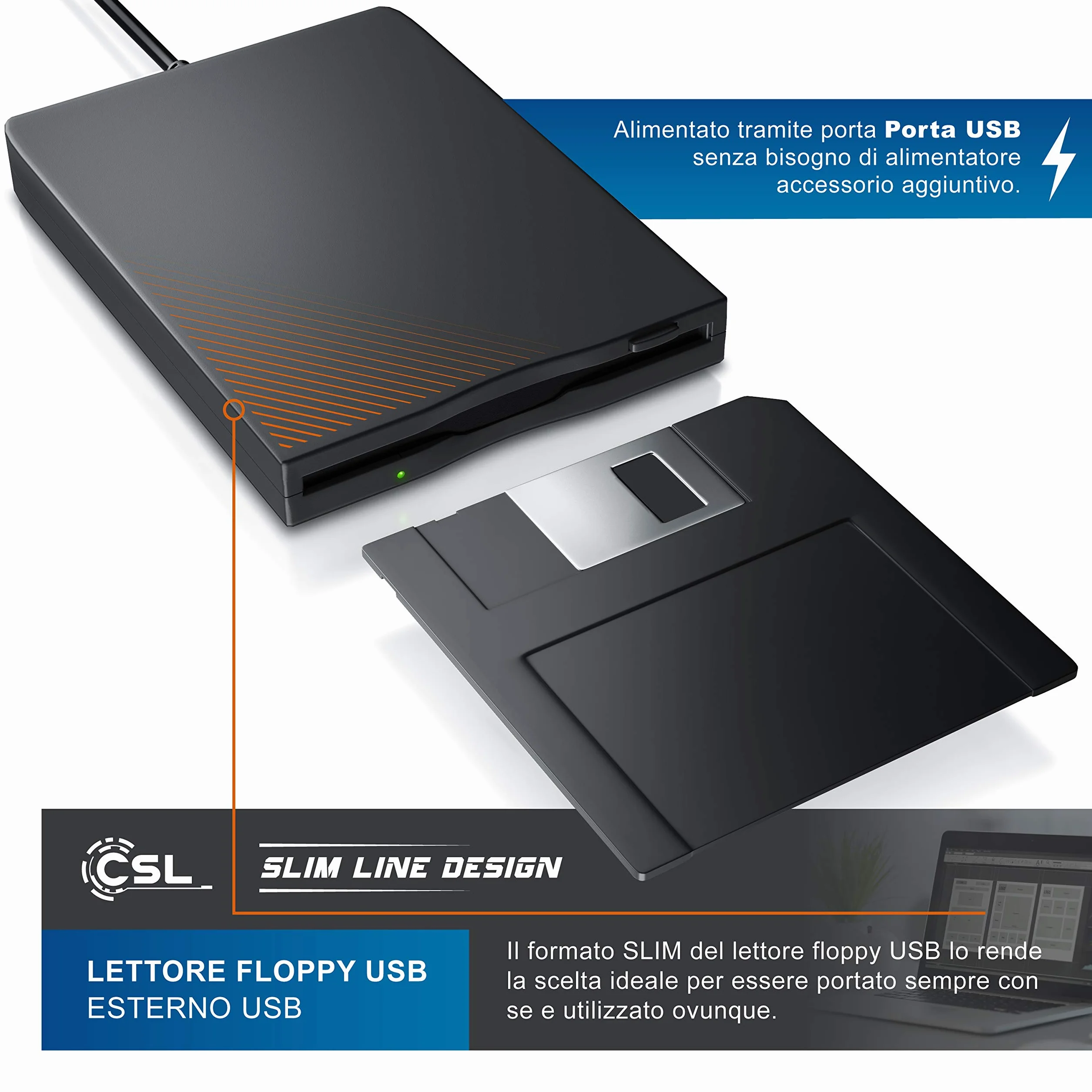 CSL - Lettore Floppy Esterno USB FDD 1,44MB 3,5 Pollice - PC e Mac - Slimline Floppy Disk Drive Esterna - Portatile - Plug e Play - Nero - Compatibile con Windows 10