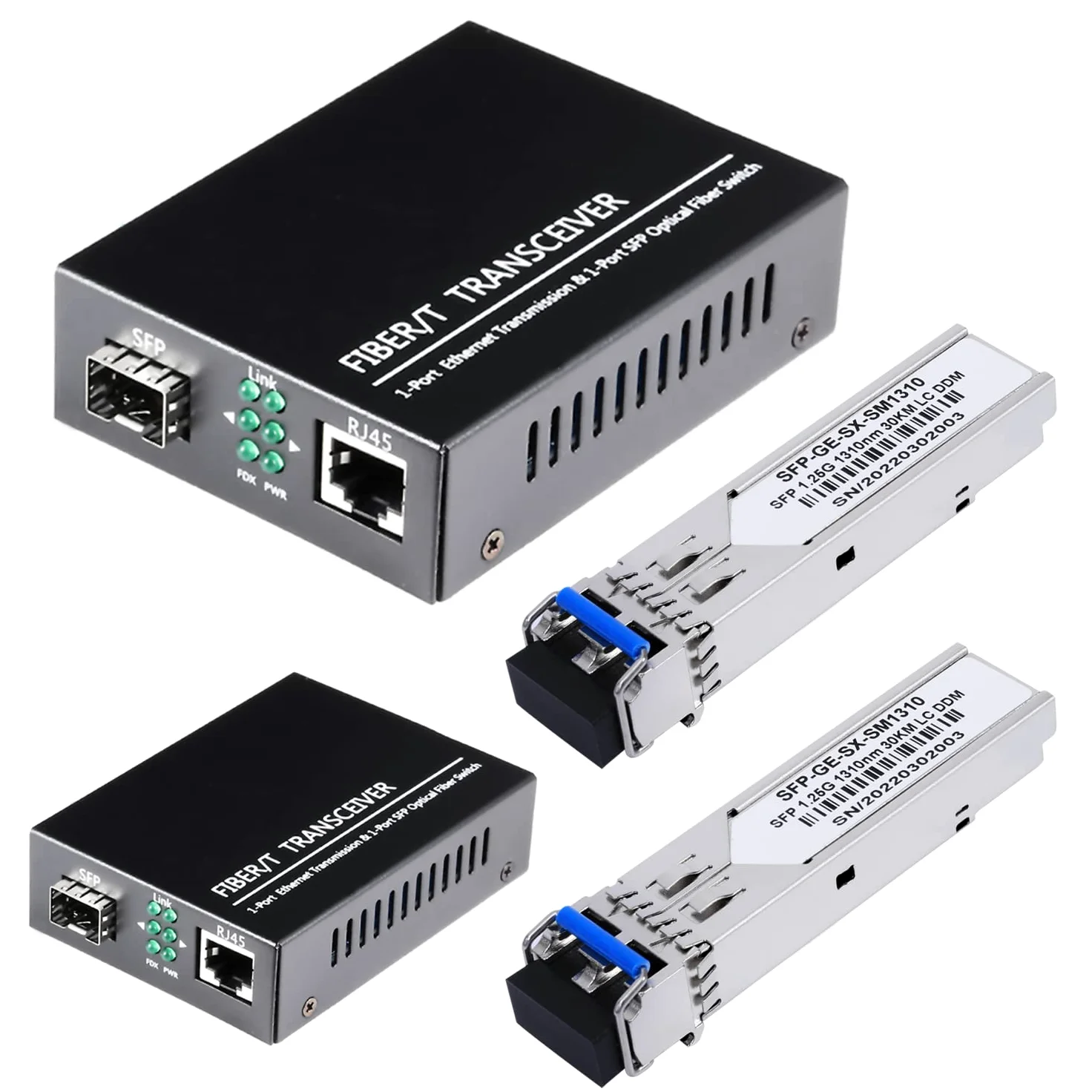 Un paio di convertitori multimediali Ethernet da 1,25 G/s Bidi Gigabit in fibra ottica con 2 moduli ricetrasmettitori Bidi SFP LC inclusi, SX SMF RJ45 a slot SFP fino a 30 KM