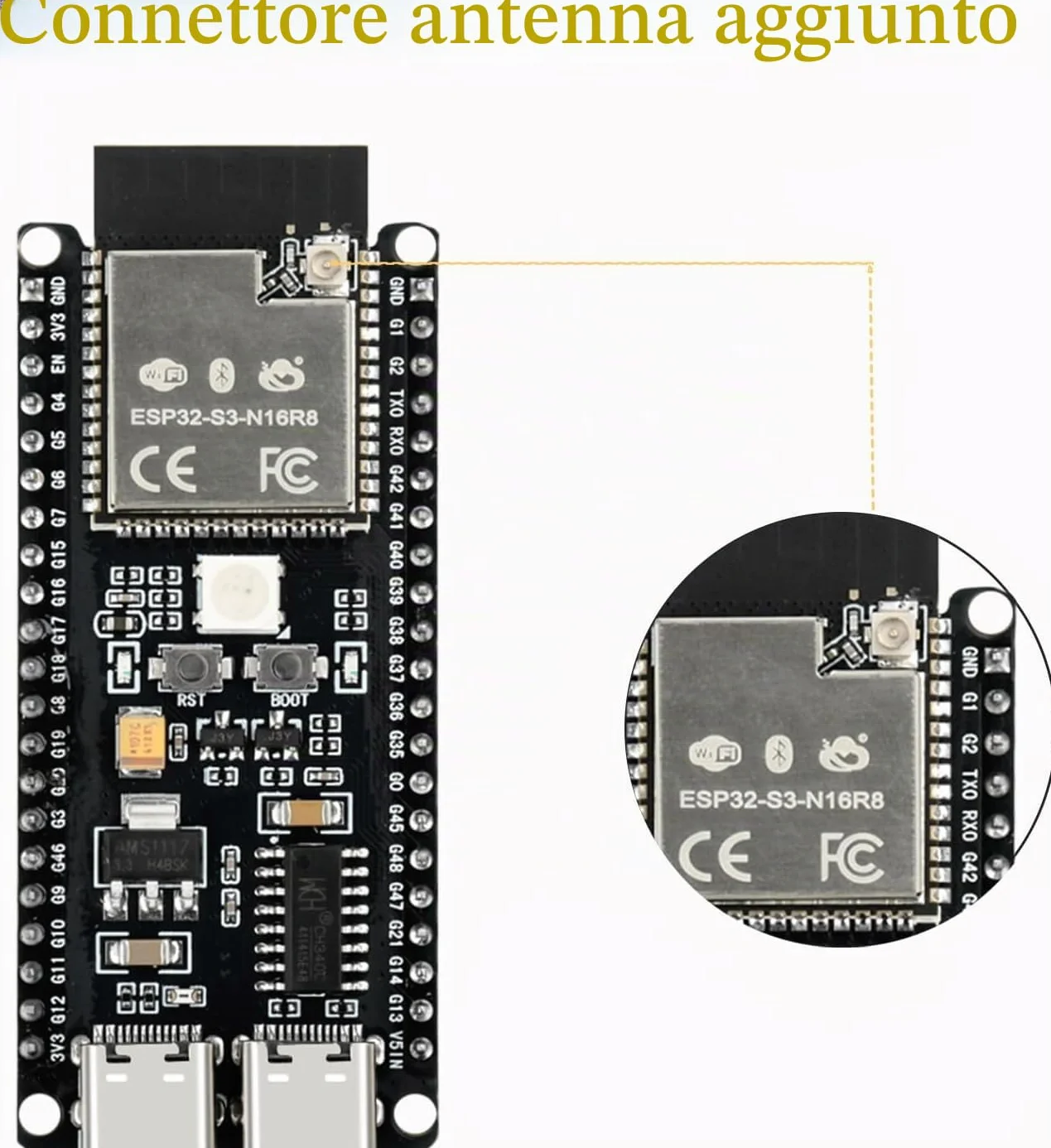 diymore 2 pezzi per modulo ESP32-S3 DevKitC-1 N16R8, per ESP32 S3 1-N16R8 con WiFi, Bluetooth 5.0, USB C antenna collegabile