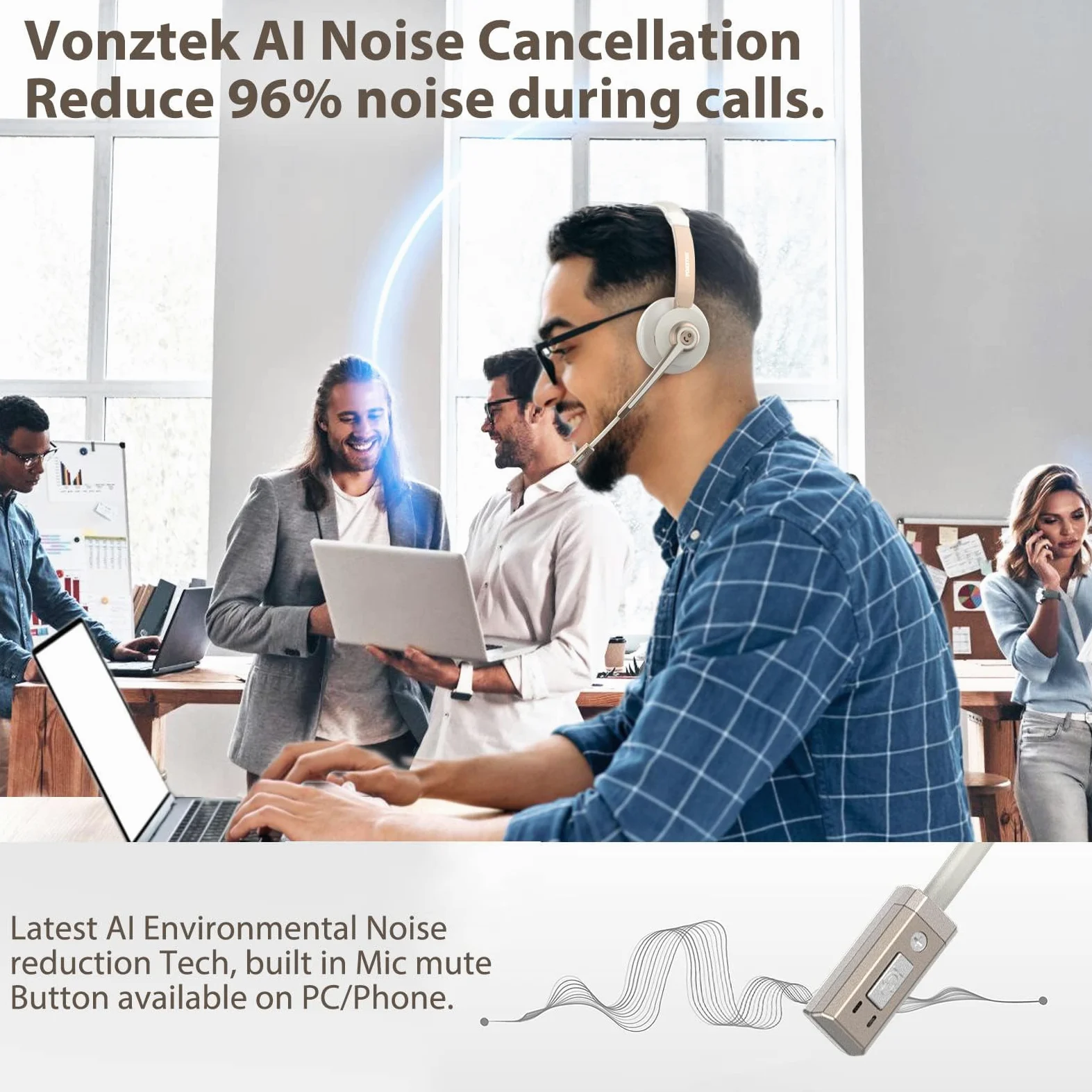 QCC v5.1 - Cuffie wireless Bluetooth con microfono, microfono CVC con cancellazione del rumore e mute/dock di ricarica/dongle USB, 26 ore di vivavoce, per telefoni cellulari/team Ms/Zoom/Skype