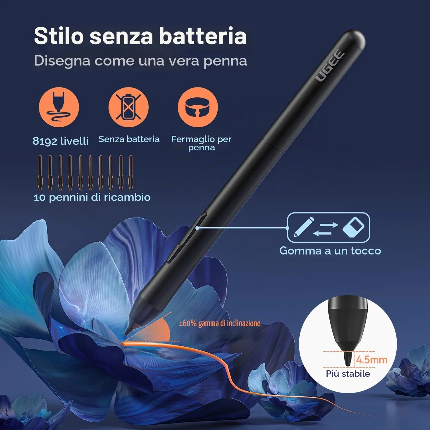 Tavoletta grafica UGEE S640 Tavoletta grafica ultrasottile digitale con funzione di inclinazione dello stilo senza batteria Sensibilità alla pressione 8192 Supporto Windows/Mac/Linux/Android