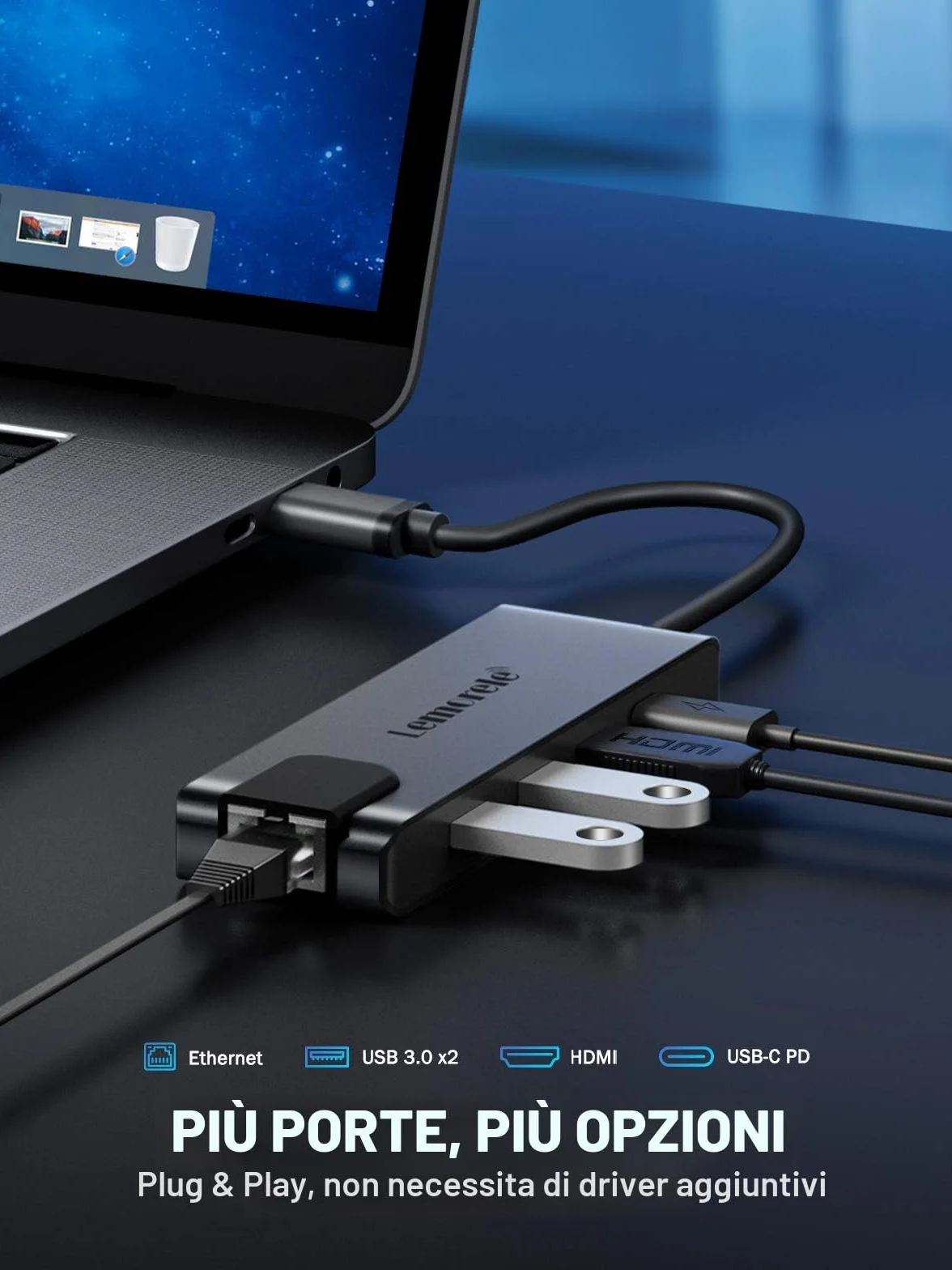 Lemorele Hub USB C con Gigabit, adattatore USB C 5 in 1 a RJ45 Ethernet 1000Mbps, 4K HDMI, 2 USB 3.0, 100W PD, per SteamDeck, MacBook Pro/Air, iPad, ChromeBook Pixel, Matebook, PC Tablet Type-C