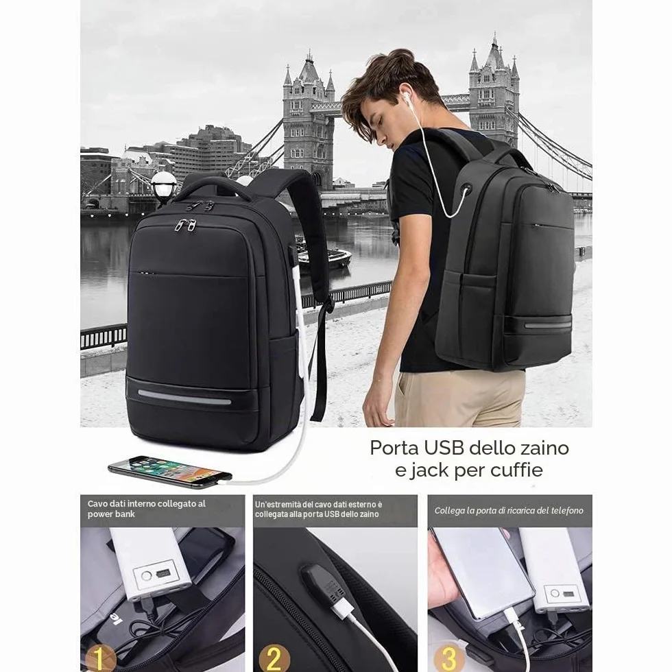 Zaino per computer portatile da 17 pollici di grande capacità da uomo impermeabile antifurto Zaino per PC portatile con USB Charging Port Zaino funzionale per viaggi d'affari college donna