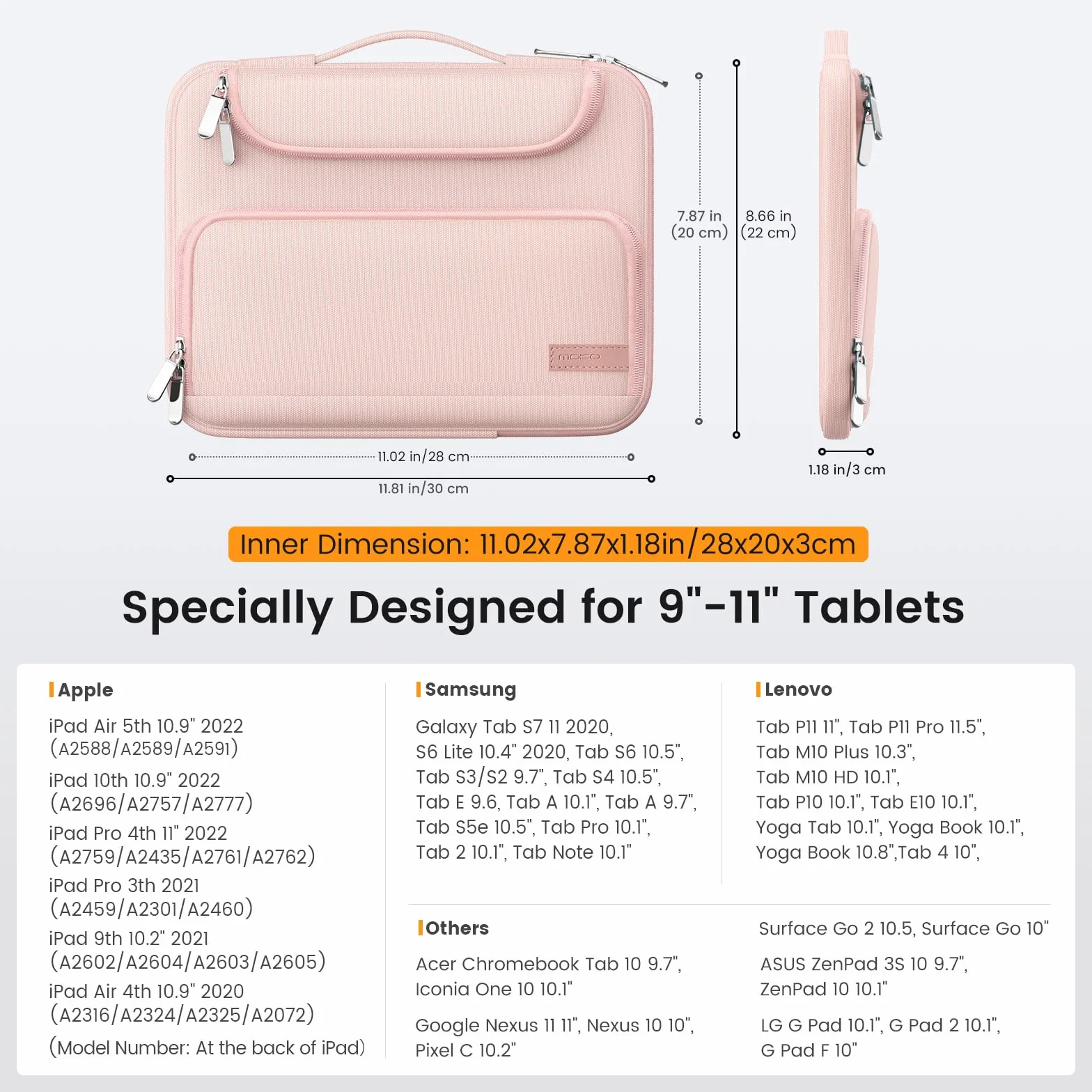 MoKo 9-11" Custodia Protettiva per Tablet con Manico, Compatibile con iPad 10a/Air 5 10.9, iPad PRO 11 M2, 9/8/7a Gen 10.2, Galaxy Tab S9/S8 11 2023, Borsa per Tablet con Tasche Multiple, Rosa