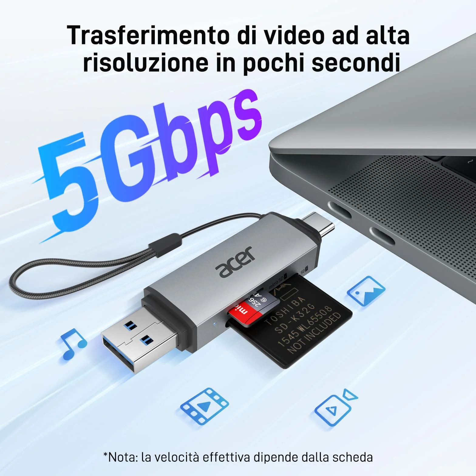 Acer Lettore di schede SD USB C 3.0, supporta SD/Micro SD/SDHC/SDXC/MMC, compatibile con iPhone 17 Pro MacBook Pro iPad Pro 2021 Pixel XPS 13