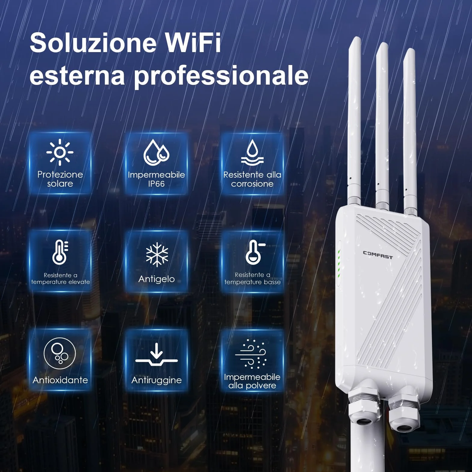 COMFAST Ripetitore WiFi Esterno, 3600Mbps WiFi7 Dual Band Access Point WiFi Esterno 3 Antenne, 3 Porte Gigabit Ethernet, 3 Chip 4 PA, 48V POE 12V DC, MU-MIMO, IP66, Modalità Ripetitore/Router/AP