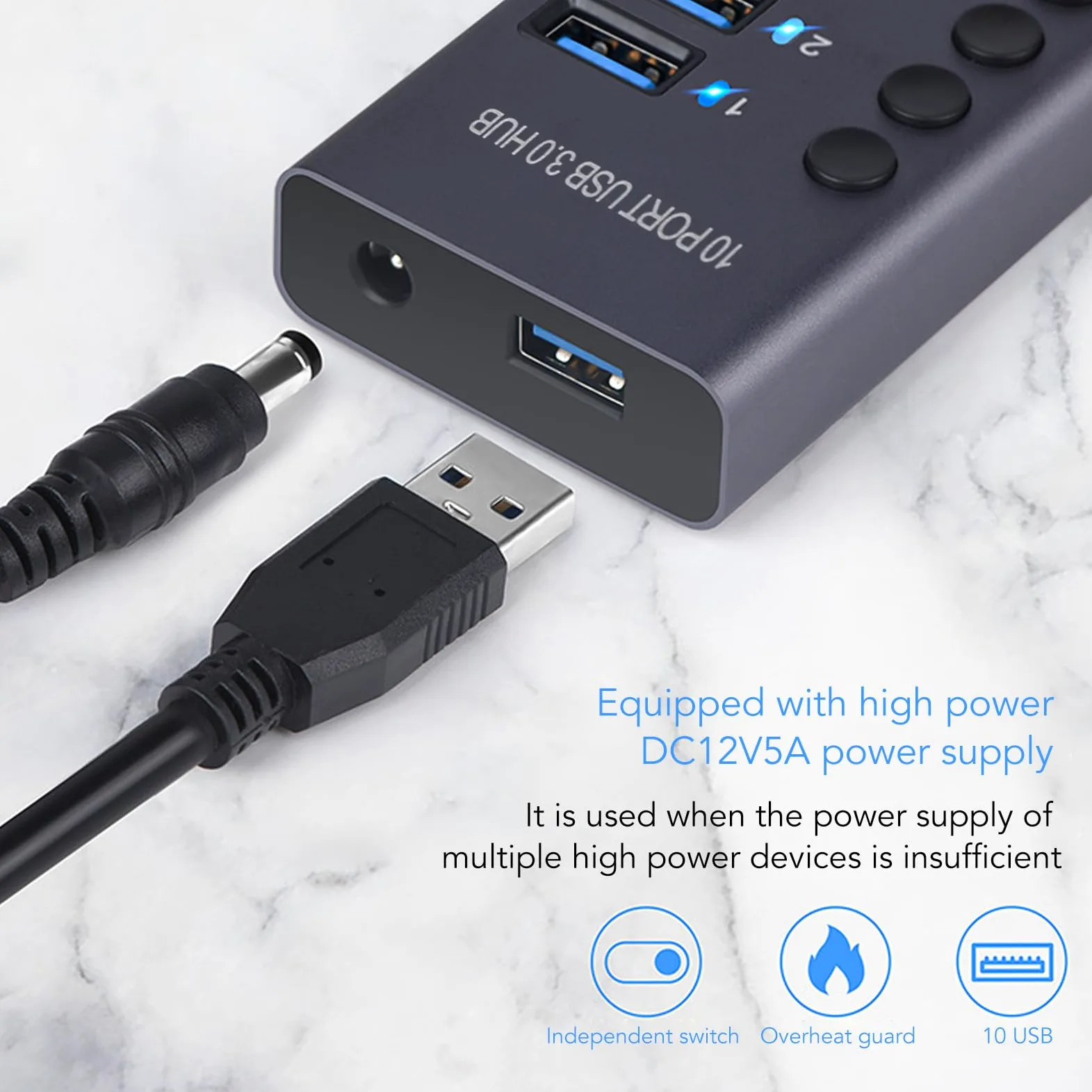 LICAEVEY Hub Dati USB 3.0, Splitter USB a 10 Porte (Spina europea) | Interruttori individuali, alimentatore da 60 W per console di gioco per PC desktop portatile
