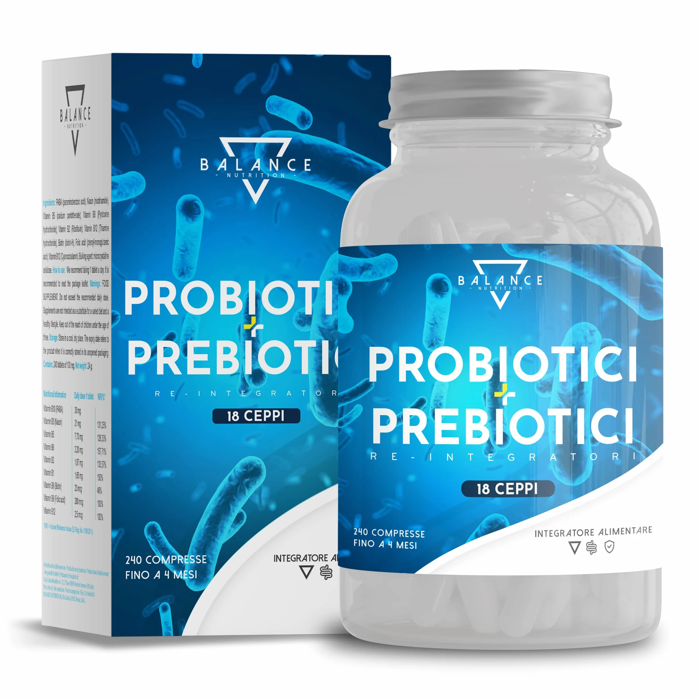 Probiotici e Prebiotici 240 Capsule 20 Miliardi CFU 18 Ceppi Batterici Lactobacillus Enzimi Digestivi Inulina