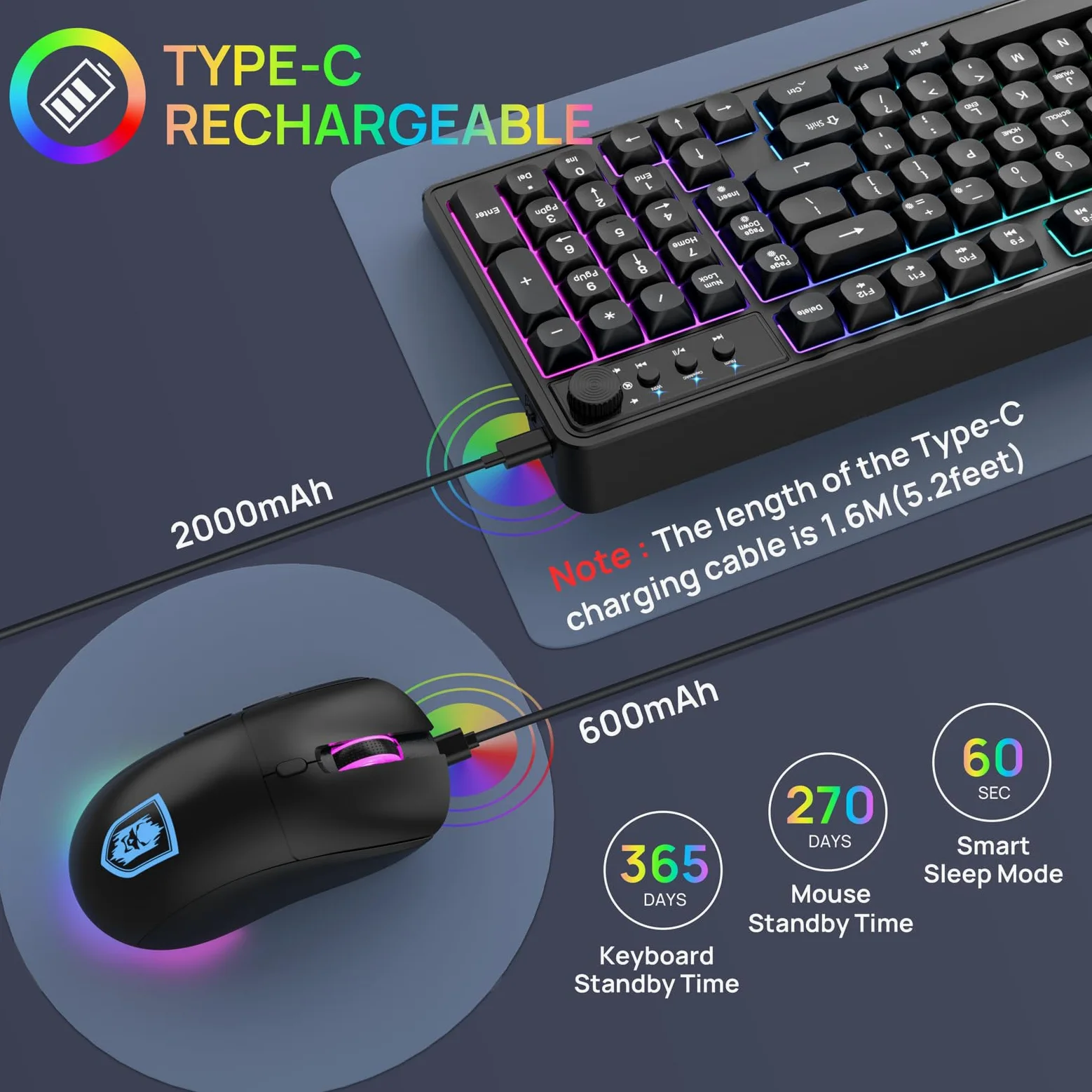 KOLMAX BT98 - Tastiera e mouse wireless combinati, tripla modalità 2,4 G/cablato/Bluetooth, tastiera e mouse da gioco ricaricabile, ergonomica, retroilluminata RGB, con manopola, per PC/Mac/Tablet