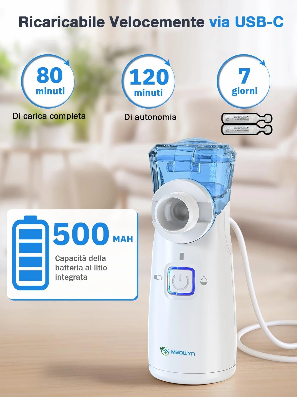 Aerosol Portatile USB-C Ricaricabile Ultrasuoni per Adulti e Bambini, Silenzioso, Meno Residui