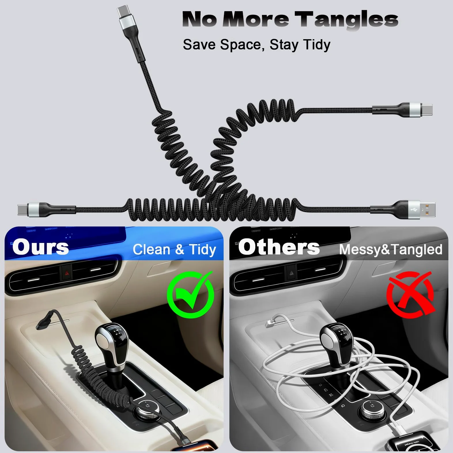 Cavo da USB A a USB C, confezione da 2, 1,2 m, cavo a molla retrattile a spirale, ricarica rapida per Apple CarPlay, compatibile con iPhone 17, 16, 15, Samsung Galaxy, Google Pixel, LG