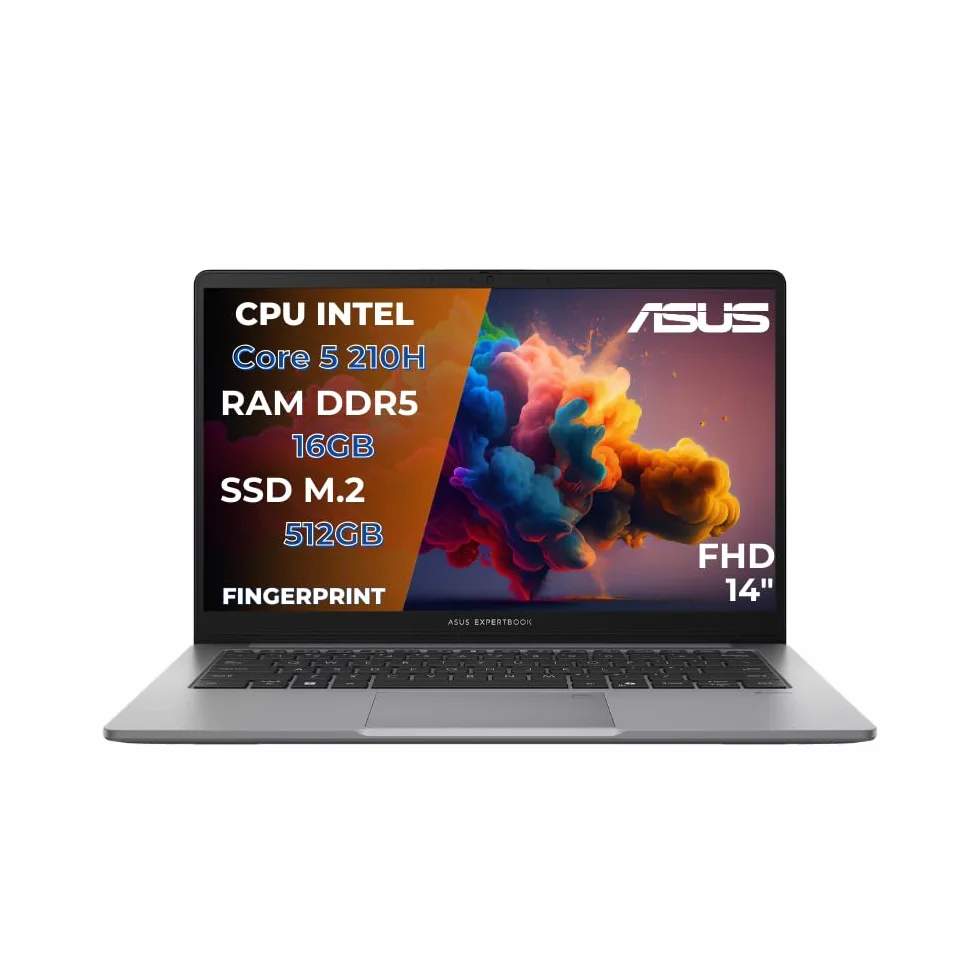 Asus Expertbook P1 Pc Portatile, Notebook Intel Core 5 210H, 16GB RAM DDR5, 512GB SSD, Display 14" FHD Antiriflesso, USB-C Gen2, Gigabit LAN, Wi-Fi 6, Bluetooth 5.4, Fingerprint, 24 Mesi Garanzia, W11