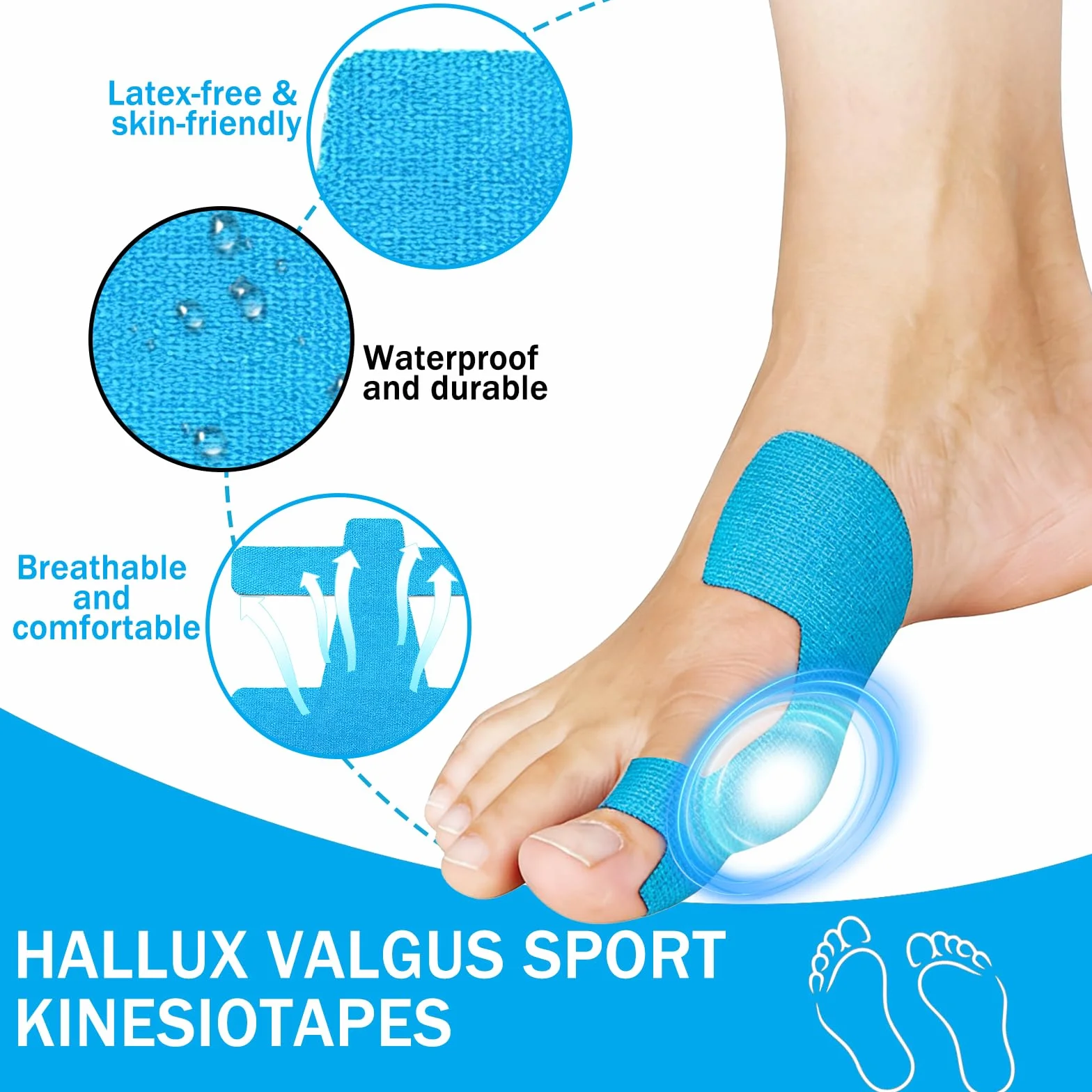 Kinesiotape per Alluce Valgo, Pretagliato Nastro Kinesiologico in Cotone, Impermeabile Traspirante, Nero+Blu, 50 Pezzi