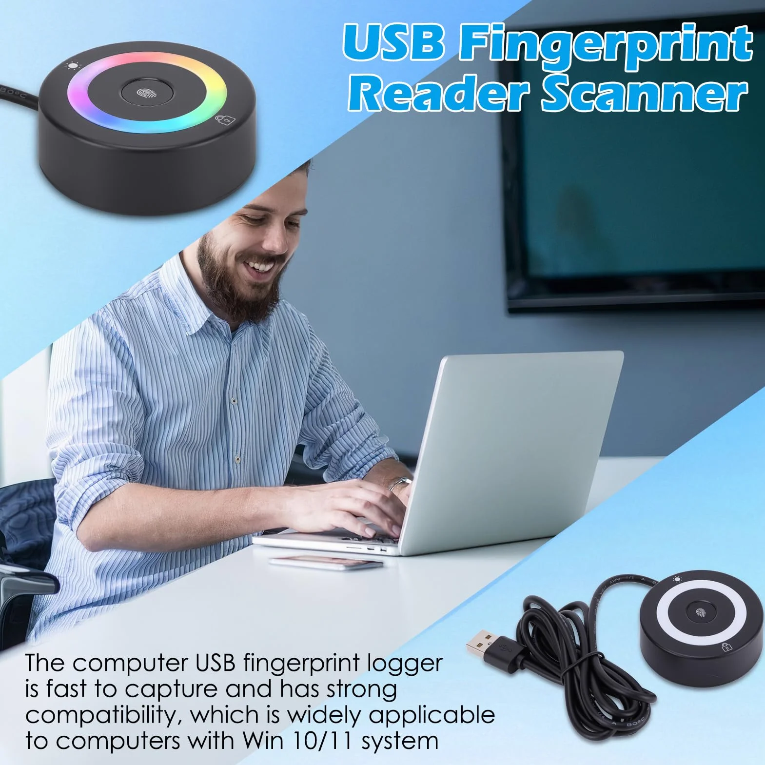 Logger per impronte digitali USB, con luci che cambiano colore, blocco software di rilevamento delle impronte digitali capacitivo con luci che cambiano colore all'accensione, compatibile con Windows