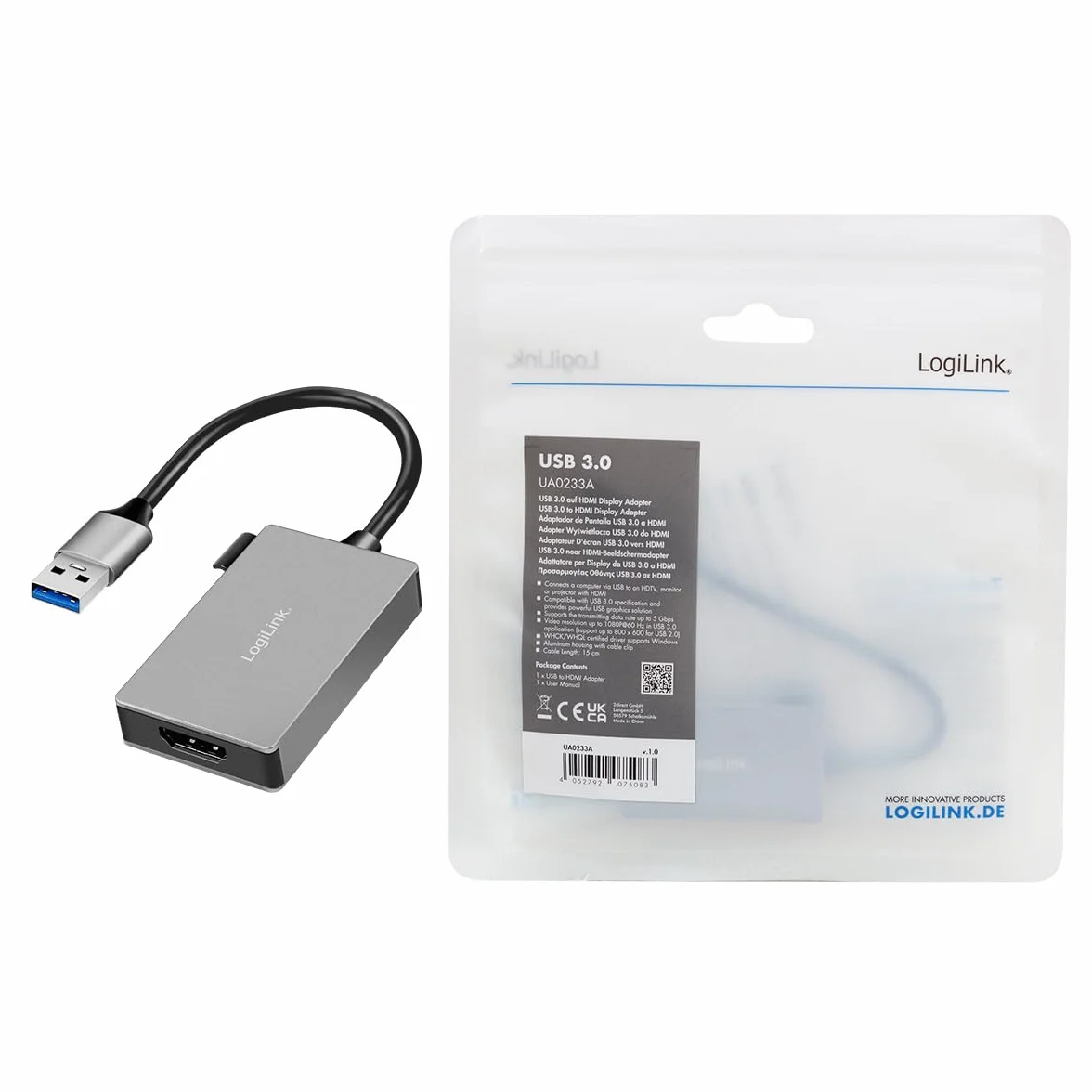 Logilink UA0233A - Adattatore USB 3.0 a HDMI (spina USB-A a presa HDMI), 0,15 m