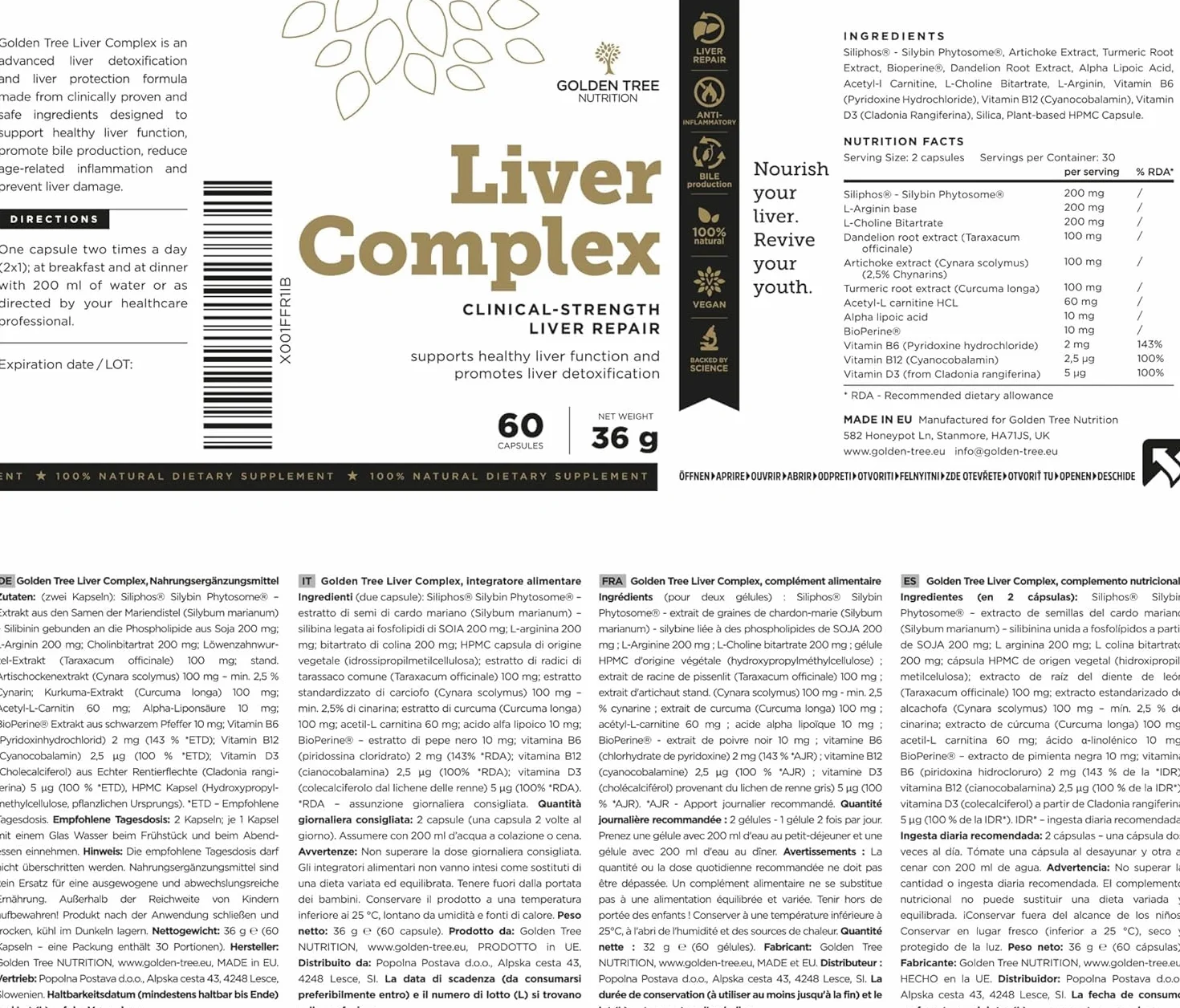 Golden Tree Liver Complex Integratore Fegato Cardo Mariano Tarassaco Carciofo Curcuma Colina Vitamine B6 B12 D3 E Pepe Nero 60 Capsule Vegane