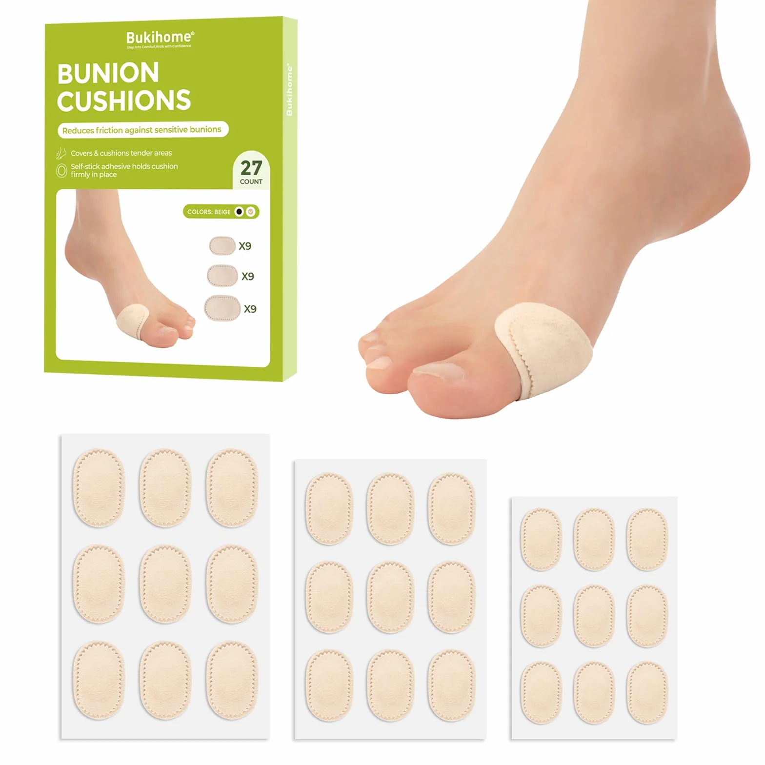 Bukihome Cuscinetti per bunion 27 pezzi Centro antiaderente per pelli sensibili Beige