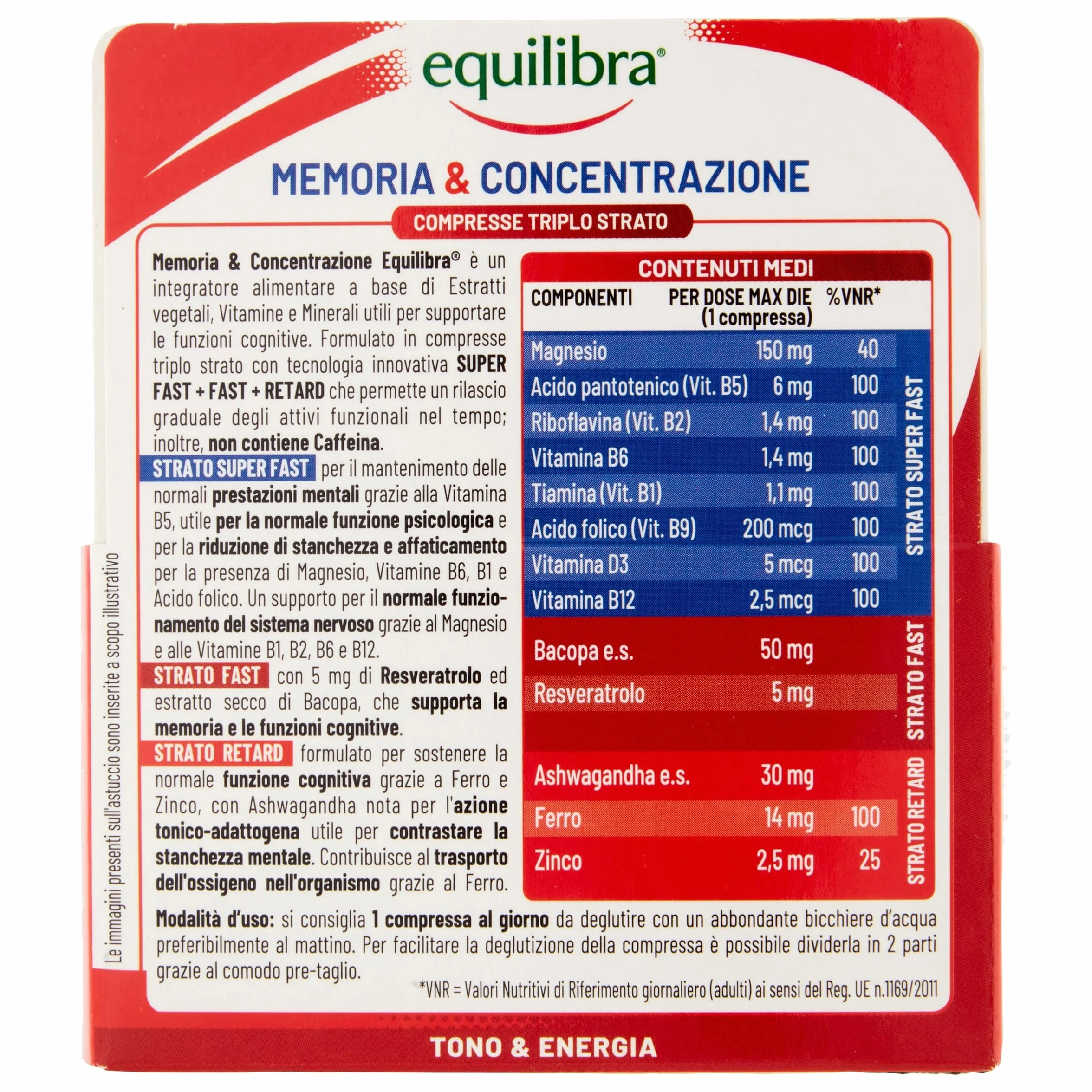 Equilibra Memoria e Concentrazione 30 Compresse Triplo-Strato Ferro Zinco Ashwagandha Bacopa Resveratrolo Integratore Multivitamine e Minerali Rilascio Graduale