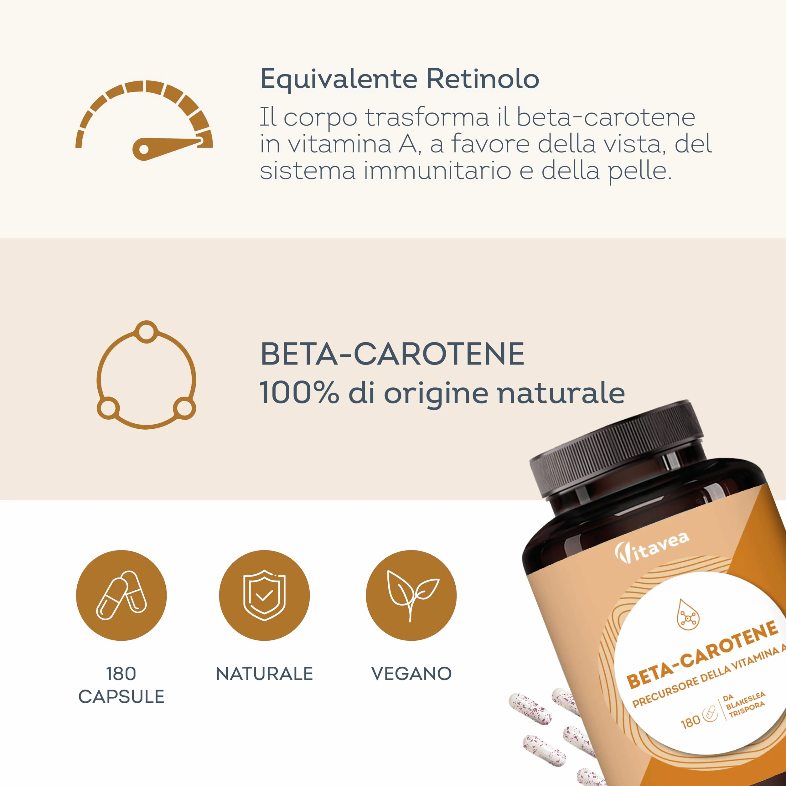 Vitavea Betacarotene Integratore Abbronzatura Forte 180 Capsule - Attivatore Melanina da Carota - Vitamina A Naturale