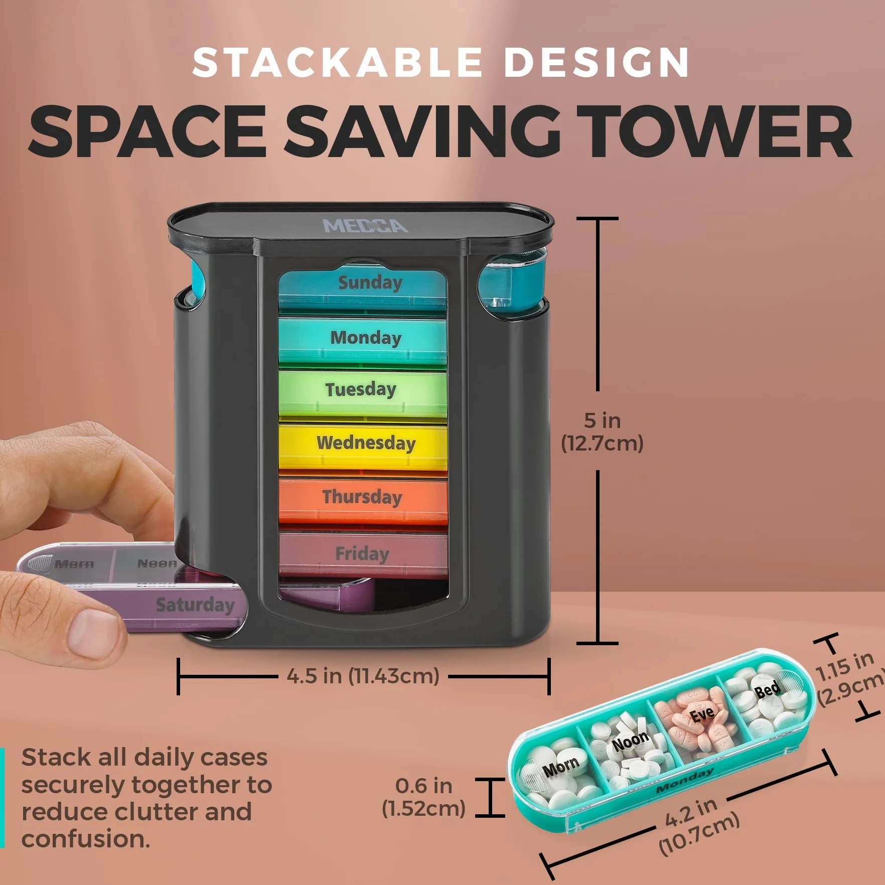 Organizzatore settimanale di pillole, 7 scomparti impilabili, 1 dispenser, nero