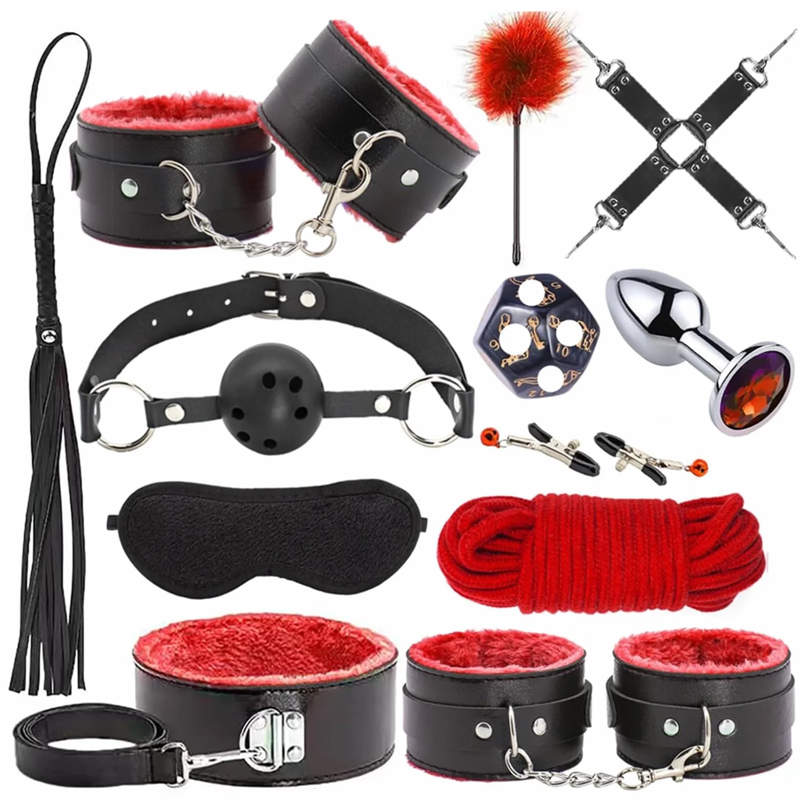 Set Bondage SM per Coppie Set Completo con Benda Plug Anale Palla da Bocca Frusta di Piume d'Oca Giocattolo Bondage Premium Kit SM Estremo