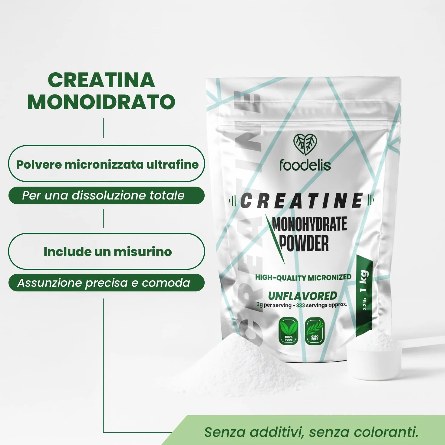 Foodelis Creatina Monoidrato Micronizzata in Polvere 1 kg – 100% Pura Senza Additivi