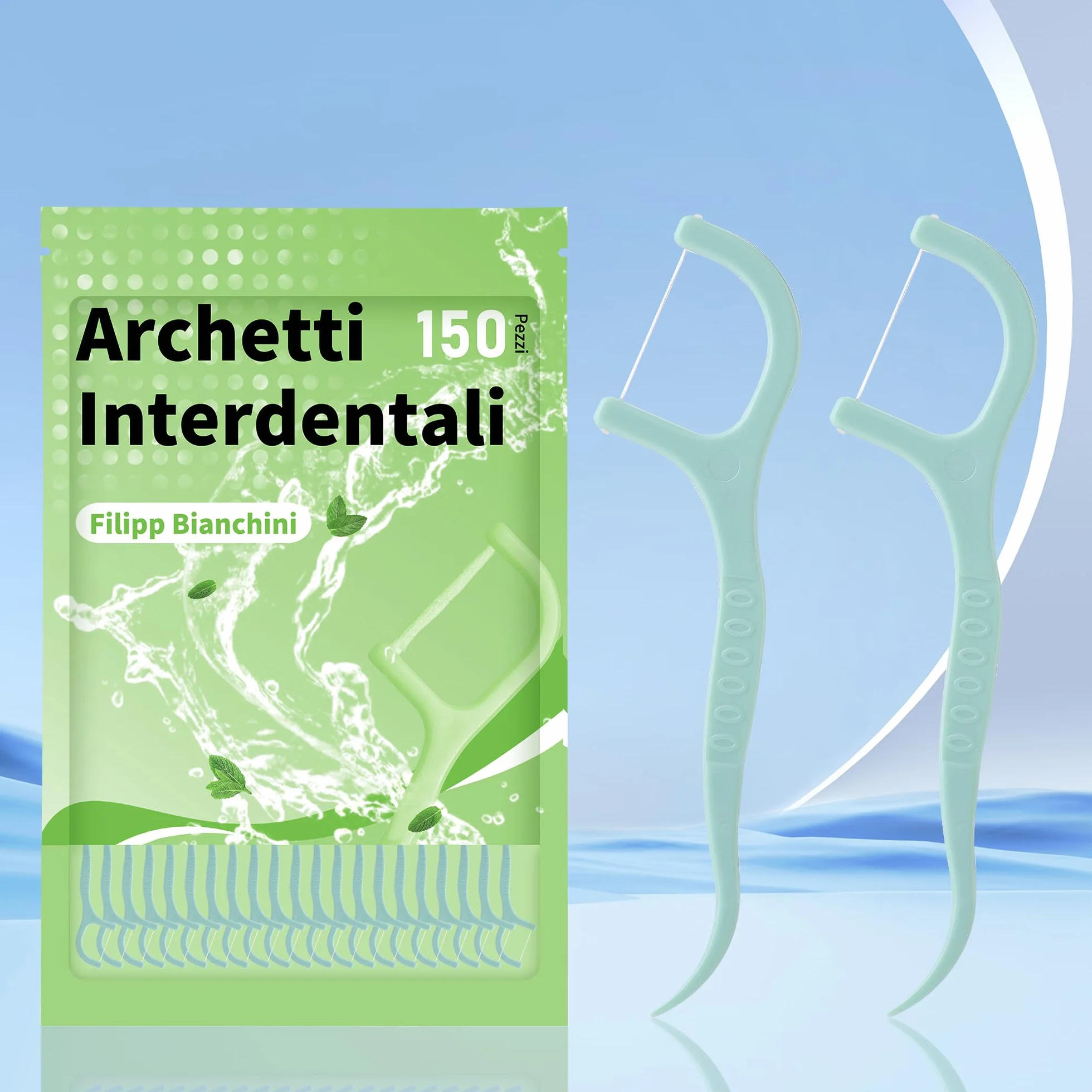 Filippo Bianchini Filo Interdentale Gusto Menta 150 Pezzi Bastoncini Portatili Cura Dentistica