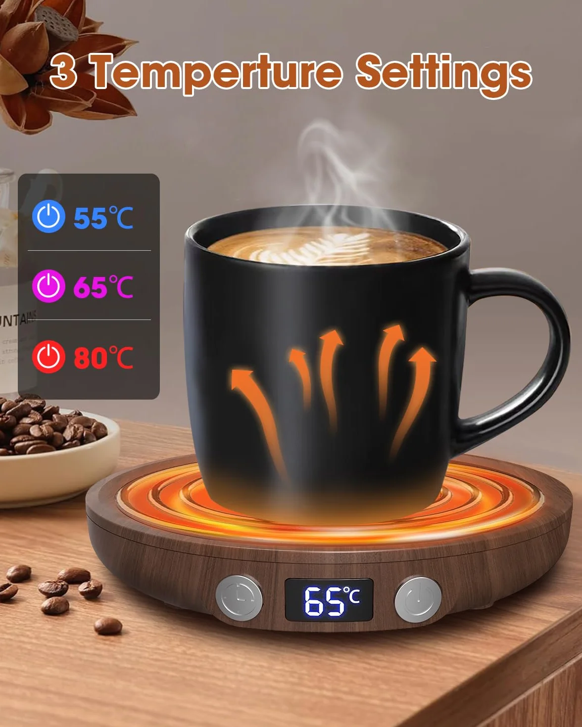 MQFORU, scalda tazze da caffè, scalda tazze con 3 livelli di temperatura, timer 2-12H, 4 ore, spegnimento automatico, piastra scalda bevande per caffè, tè, candela (venature del legno)