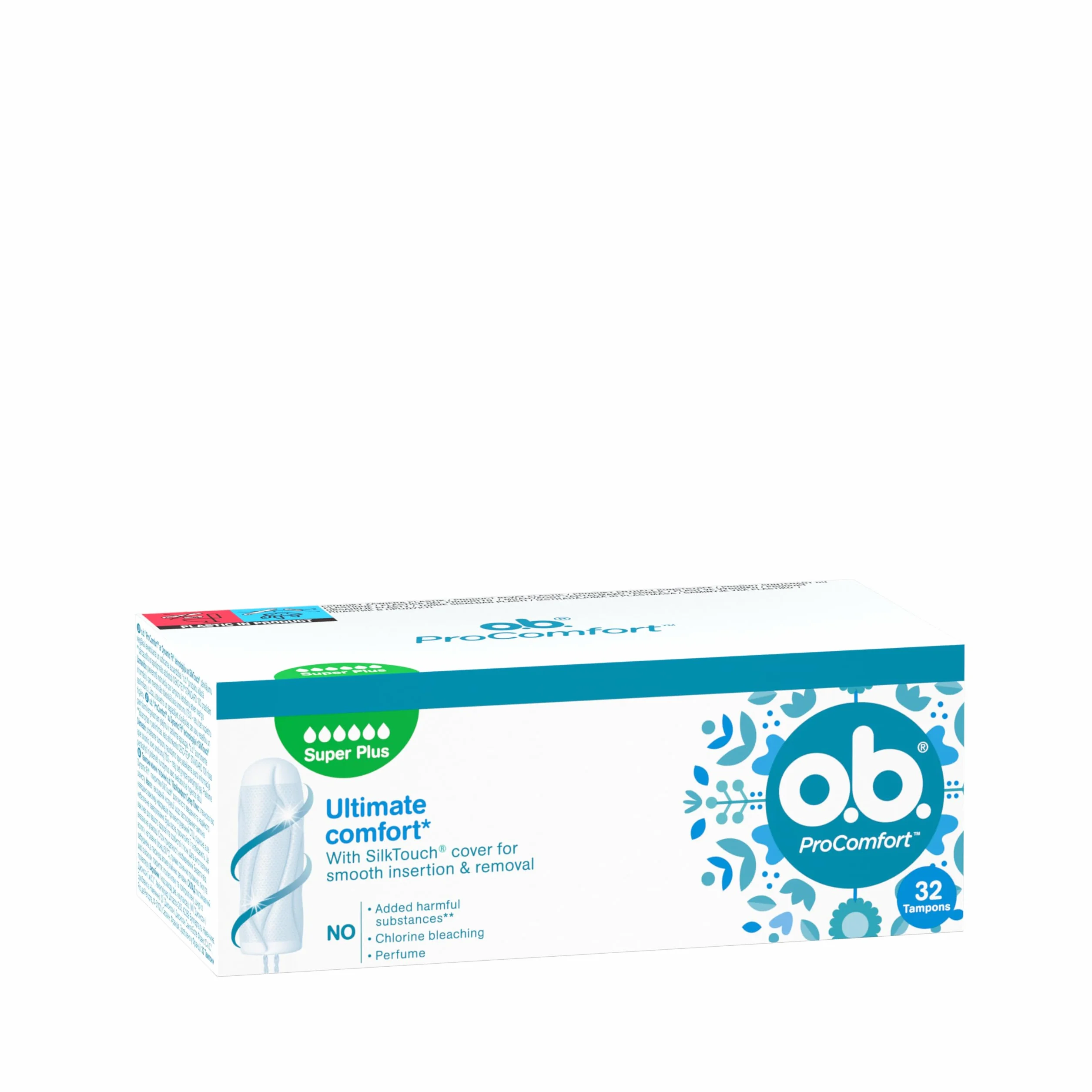 o.b. ProComfort Super Plus 32 tamponi, per sanguinamento molto intenso, materiali vegetali 100%