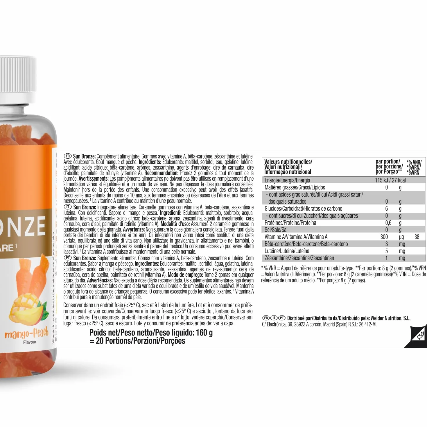 Weider Sun Bronze Gummies 40 caramelle gommose beta-carotene luteina zeaxantina abbronzatura protezione pelle senza zucchero