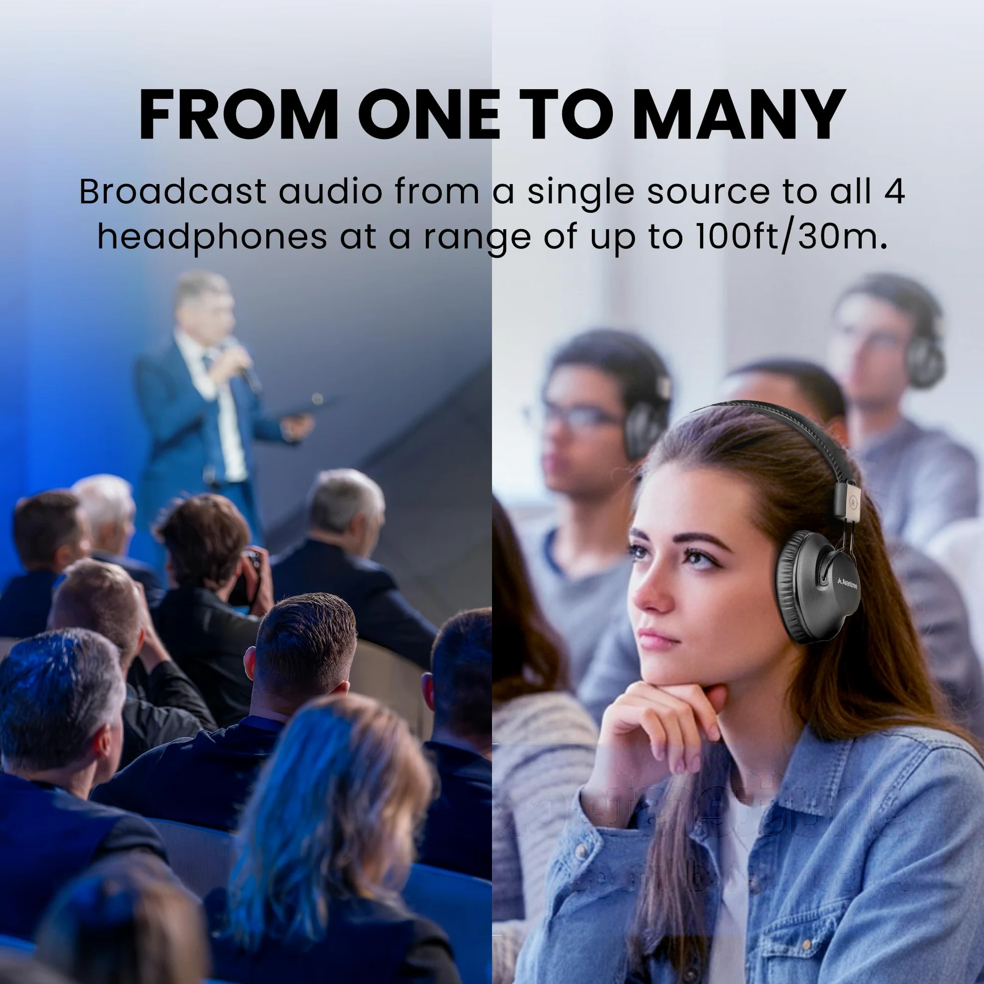 Avantree Quartet 2 – Bundle wireless compatibile Bluetooth per ascolto di gruppo con 4 cuffie e 1 trasmettitore + 2 cuffie aggiuntive, senza ritardi di sincronizzazione labiale, ideale per TV, silent