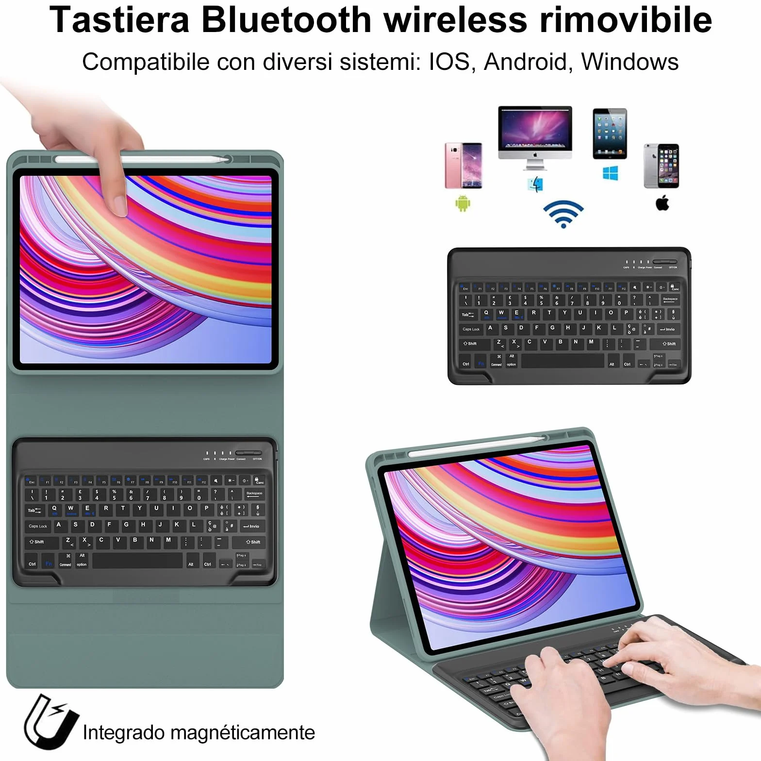 IVEOPPE Cover Redmi Pad Pro 12.1 con Tastiera, Per Xiaomi Poco Pad Custodia con Tastiera Italiano Bluetooth Staccabile per Xiaomi Redmi Pad Pro 12.1" 2024, Verde scuro