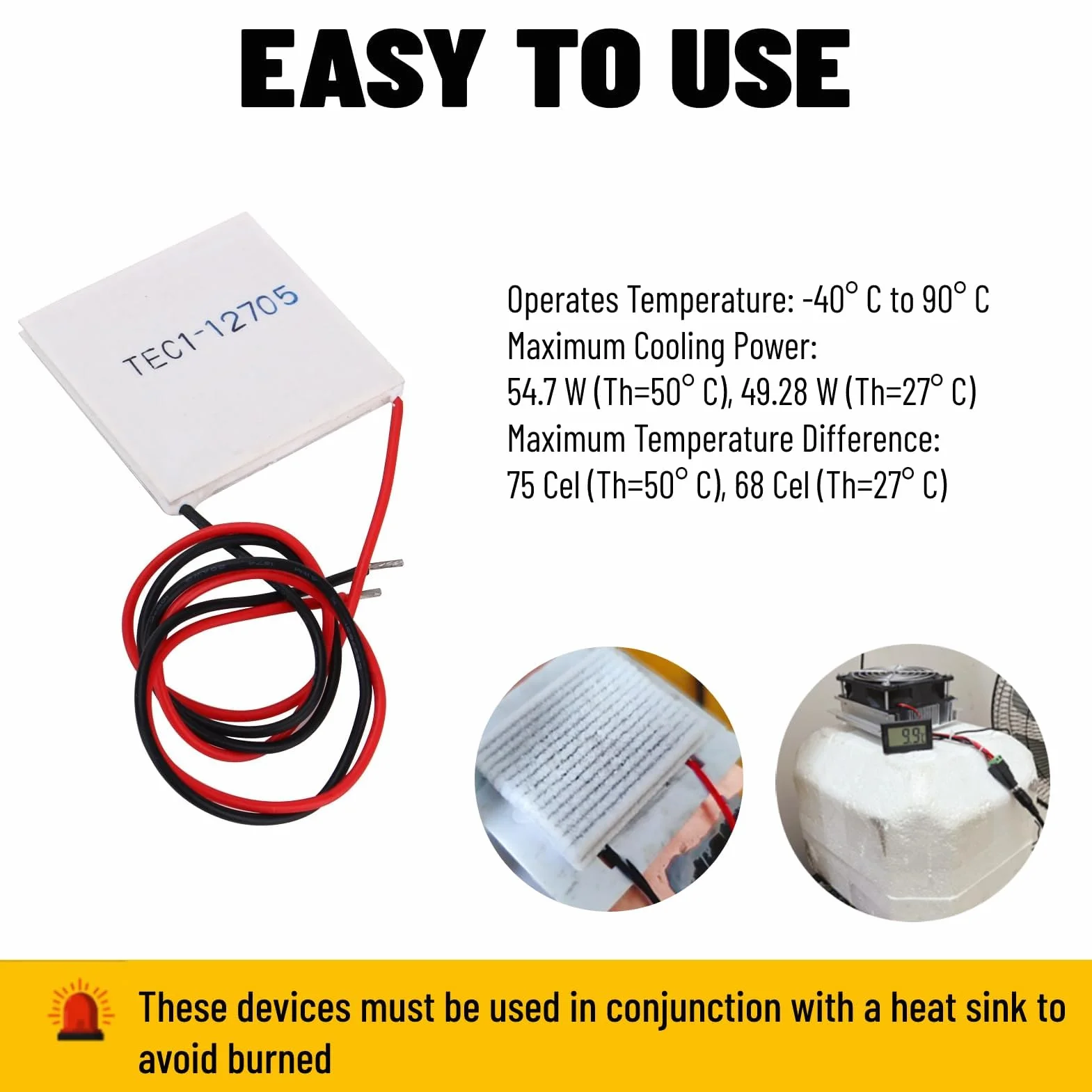 Piastra Peltier, Modulo Peltier, Modulo Elemente 12V 5A TEC1-12705 Piastra di Raffreddamento a Semiconduttore con Buone Prestazioni, per Accessori di Raffreddamento