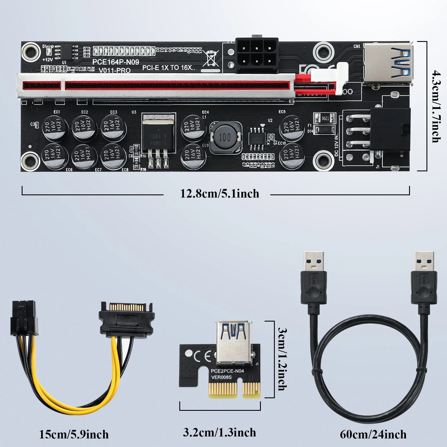 PCIe Riser Adapter Card, PCI-E Riser 1X to 16X Graphics Extension per Ethereum ETH Bitcoin Mining Devices, Digital Cryptocurrency Mining Rig (6 Pezzi)