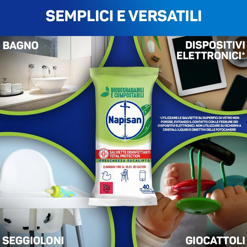Napisan Salviette Disinfettanti Total Protection Freschezza Eucalipto 40 Salviette Biodegradabili Compostabili Multisuperfici