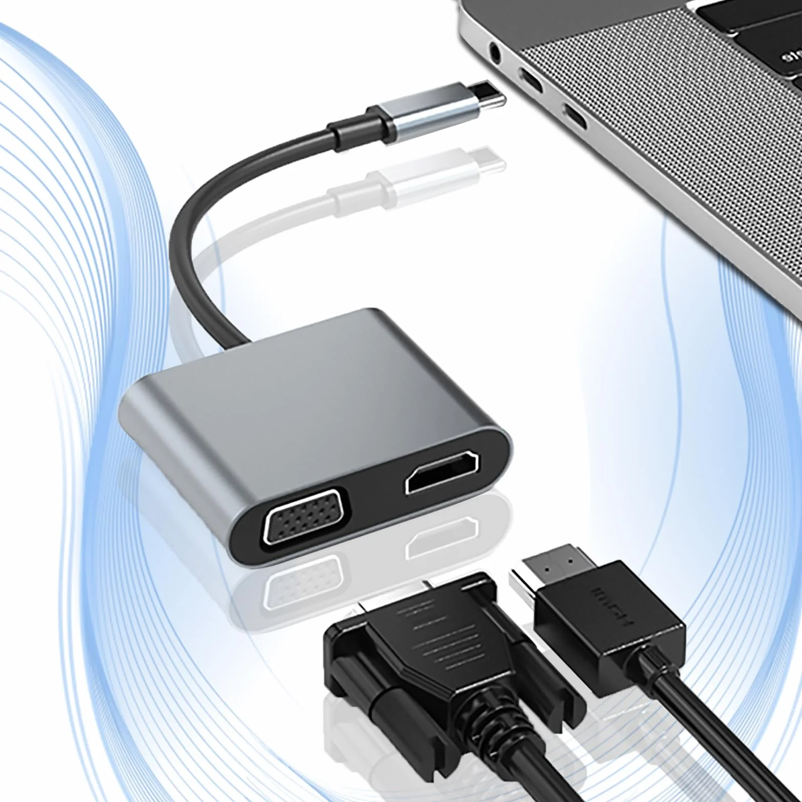 Adattatore VGA da USB C a HDMI, hub 2 in 1, Plug & Play|Nessun driver necessario, compatibile con MacBook/Dex/Switch/Yoga/Laptop/Tablet, Convertitore USB-C a HDMI e VGA (grigio)