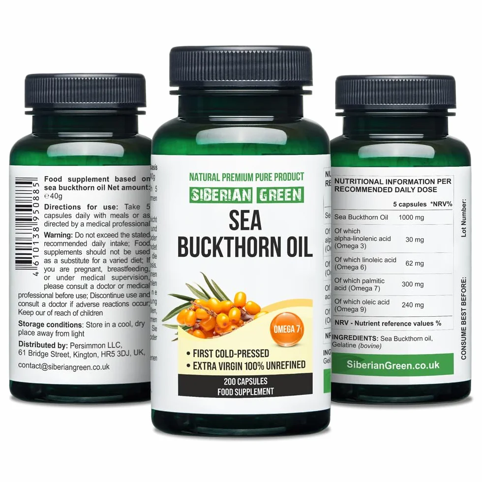 Capsule di olio di olivello spinoso siberiano 200 capsule molle Omega 7 Premium senza glutine non OGM