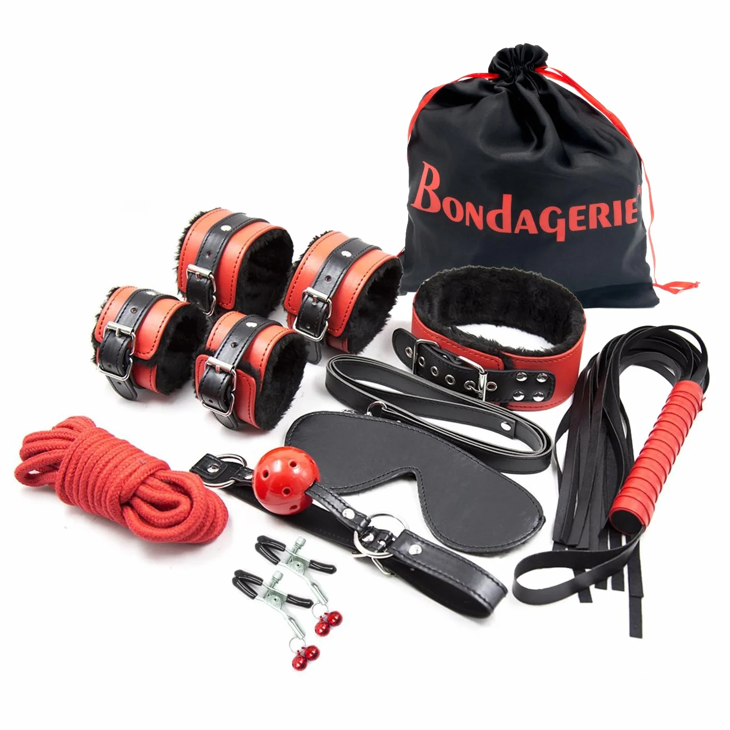 BONDAGERIE® Kit Accessori Coppia Manette Cavigliere Corda Collare Guinzaglio Sacco Raso