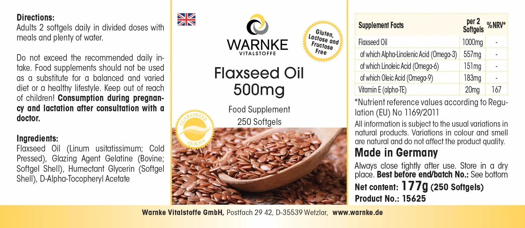 Olio di lino puro 500mg Alpha acido liponico Omega 3-250 Softgel Vitamina E Warnke Vitalstoffe