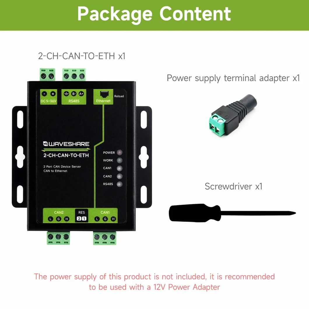 Waveshare Industrial Grade 2-Ch CAN to Ethernet Server, 2-Ch CAN + RS485 + Ethernet Port, Aluminium Alloy Case