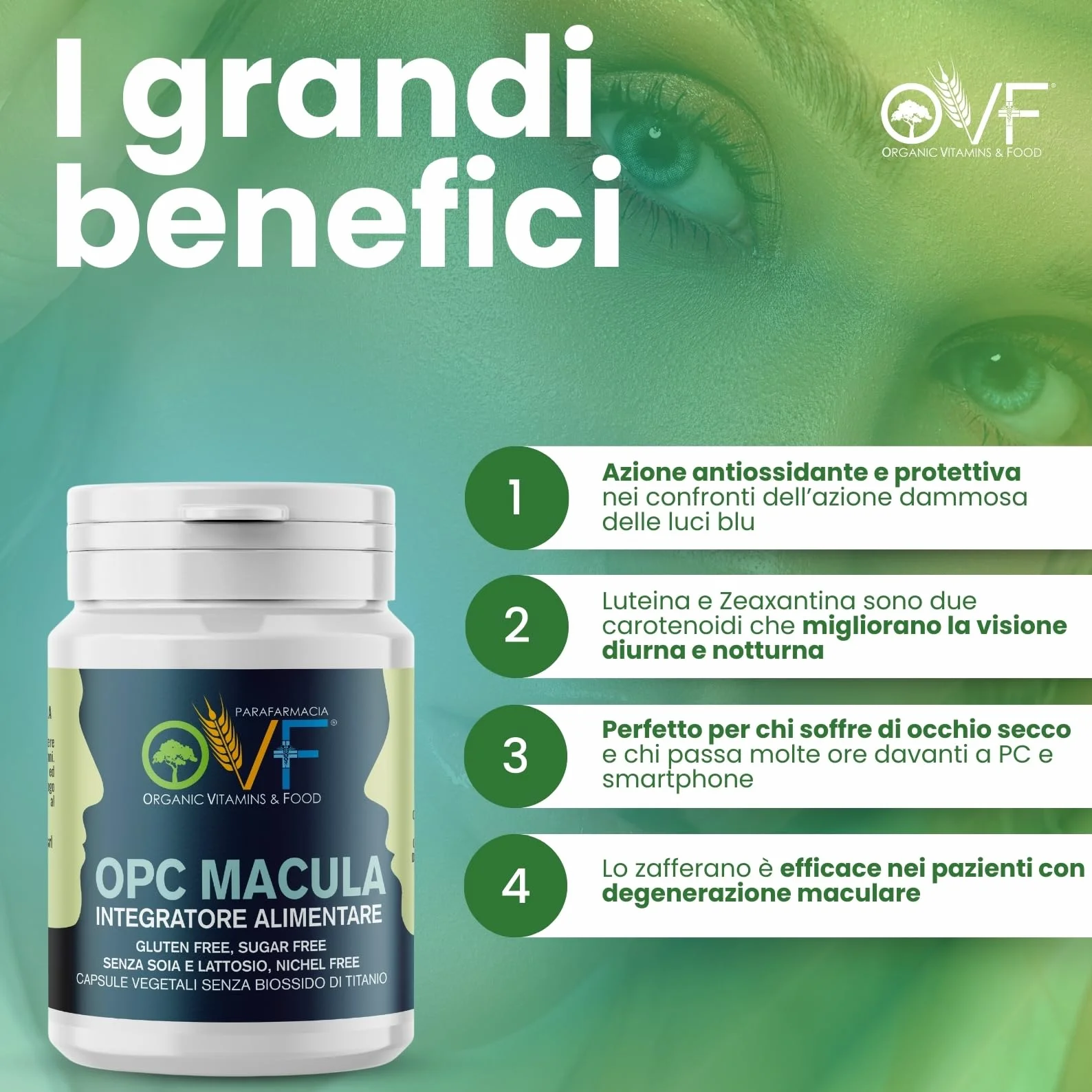 OVF OPC Macula 30 CPS Integratore Occhi Luteina Zeaxantina Carotenoidi Centella Asiatica Zafferano Pino Marittimo