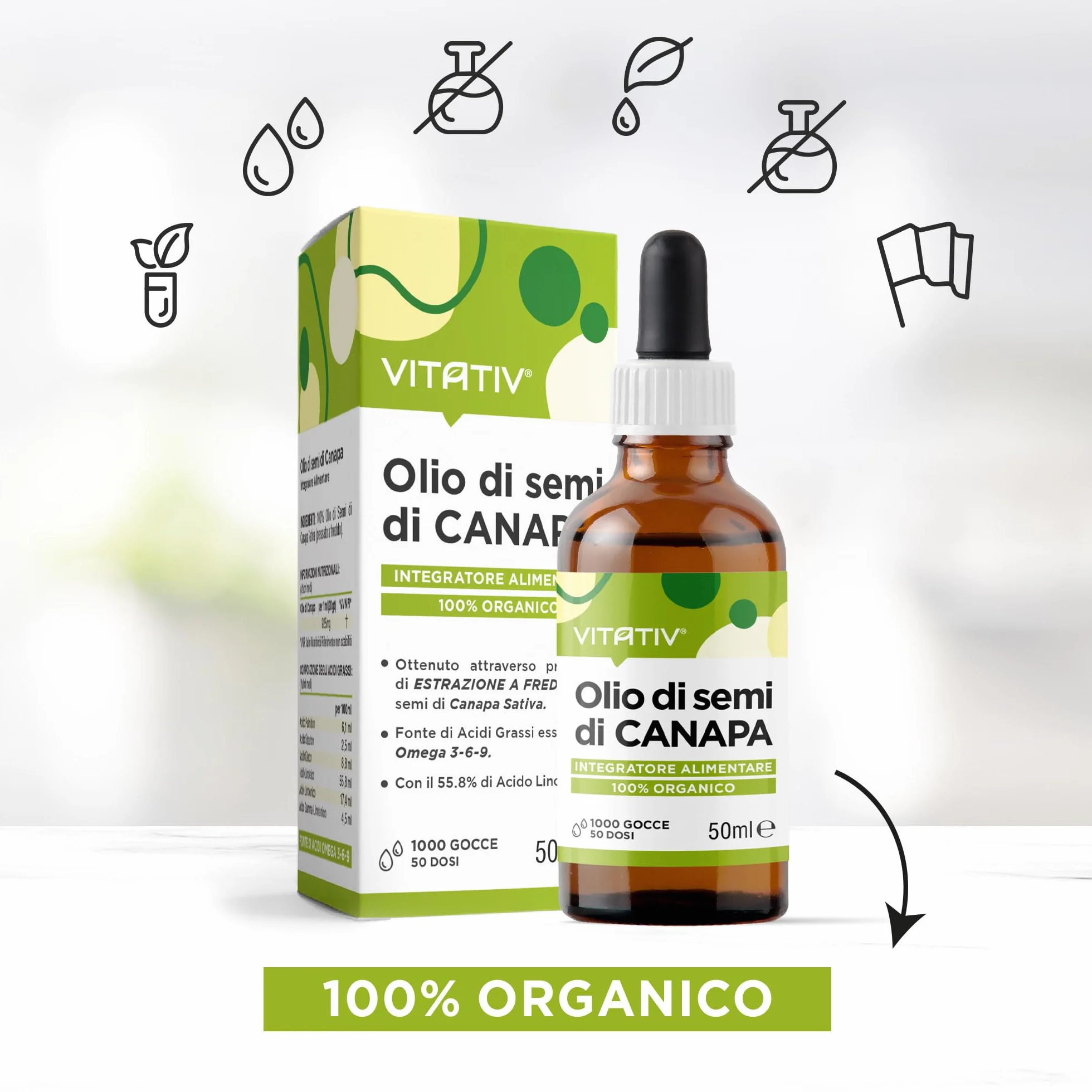 Olio di Canapa Puro 50ml Fonte Vegana di Omega 3 6 9, Vitamine e Minerali - Olio di Semi di Canapa Pressato a Freddo