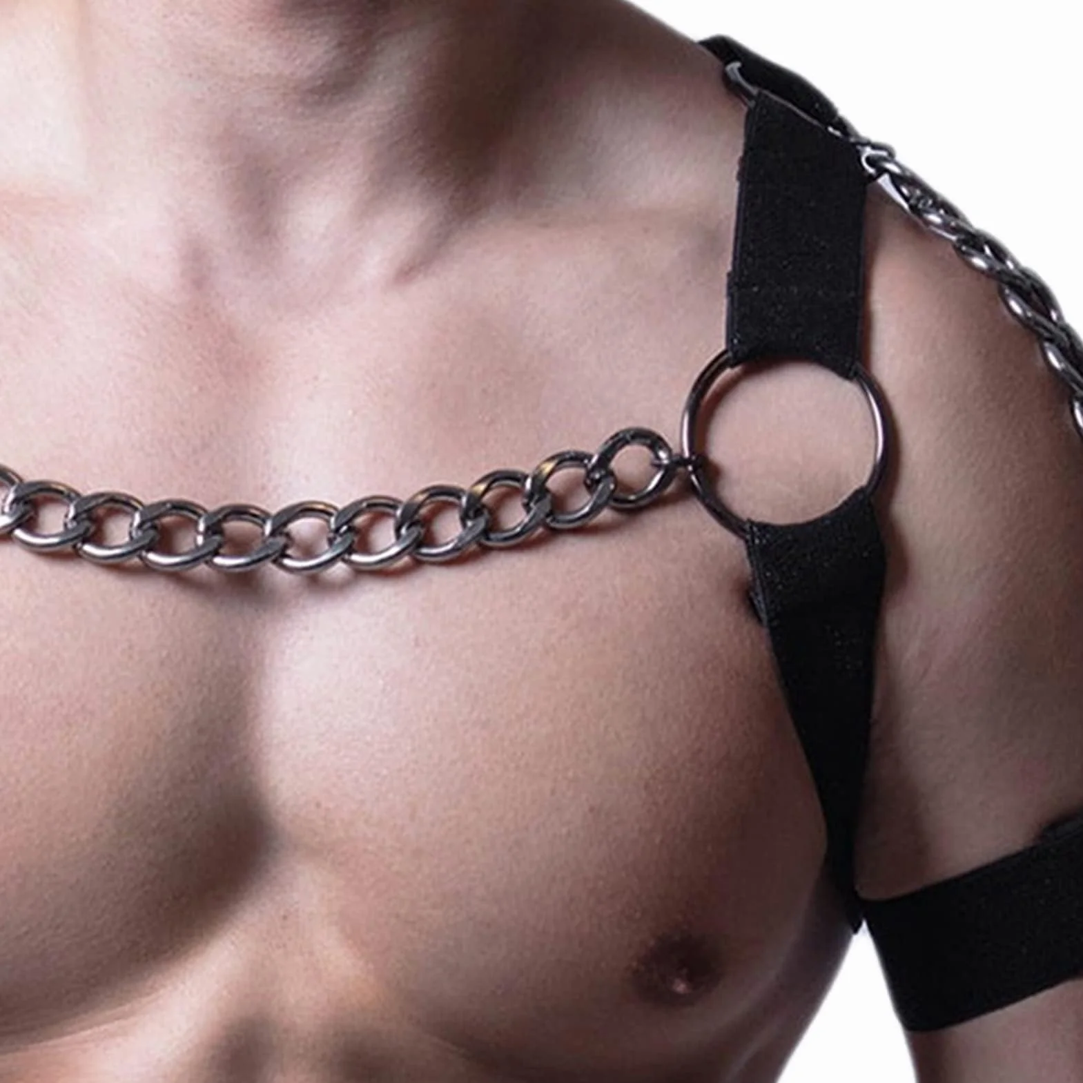 Imbracatura toracica da uomo punk nera con tracolla a gabbia cintura a catena in pelle per cosplay
