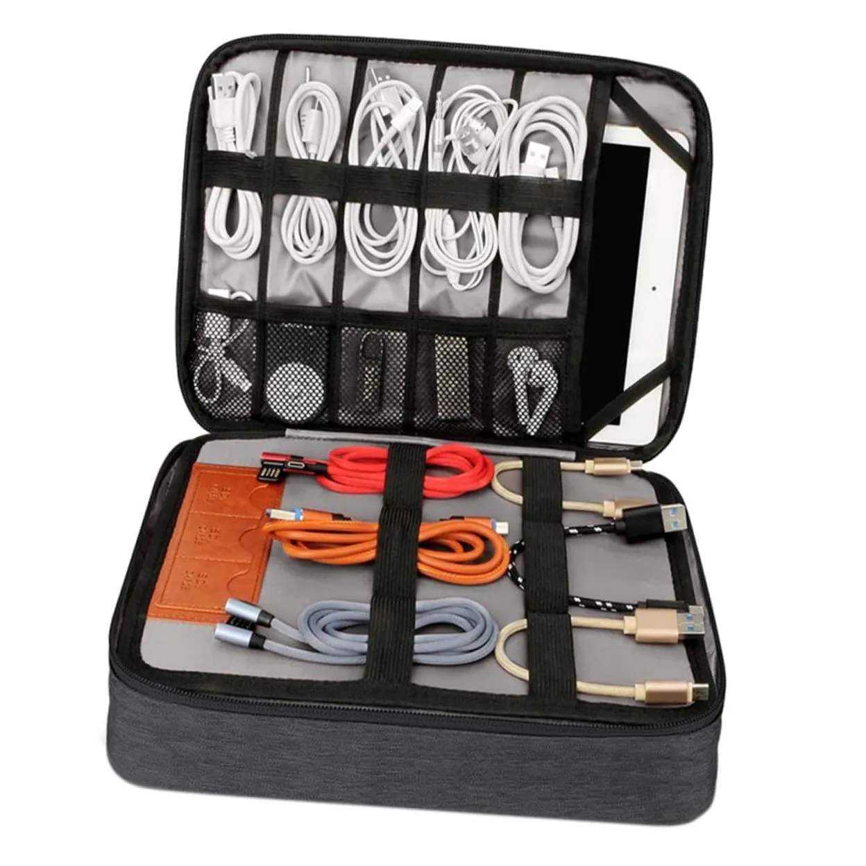 Organizer per Cavi Doppio con Maniglia Borsa da Viaggio per Accessori Elettronici Custodia Digitale Portatile Leggera Nero per Viaggi e Outdoor